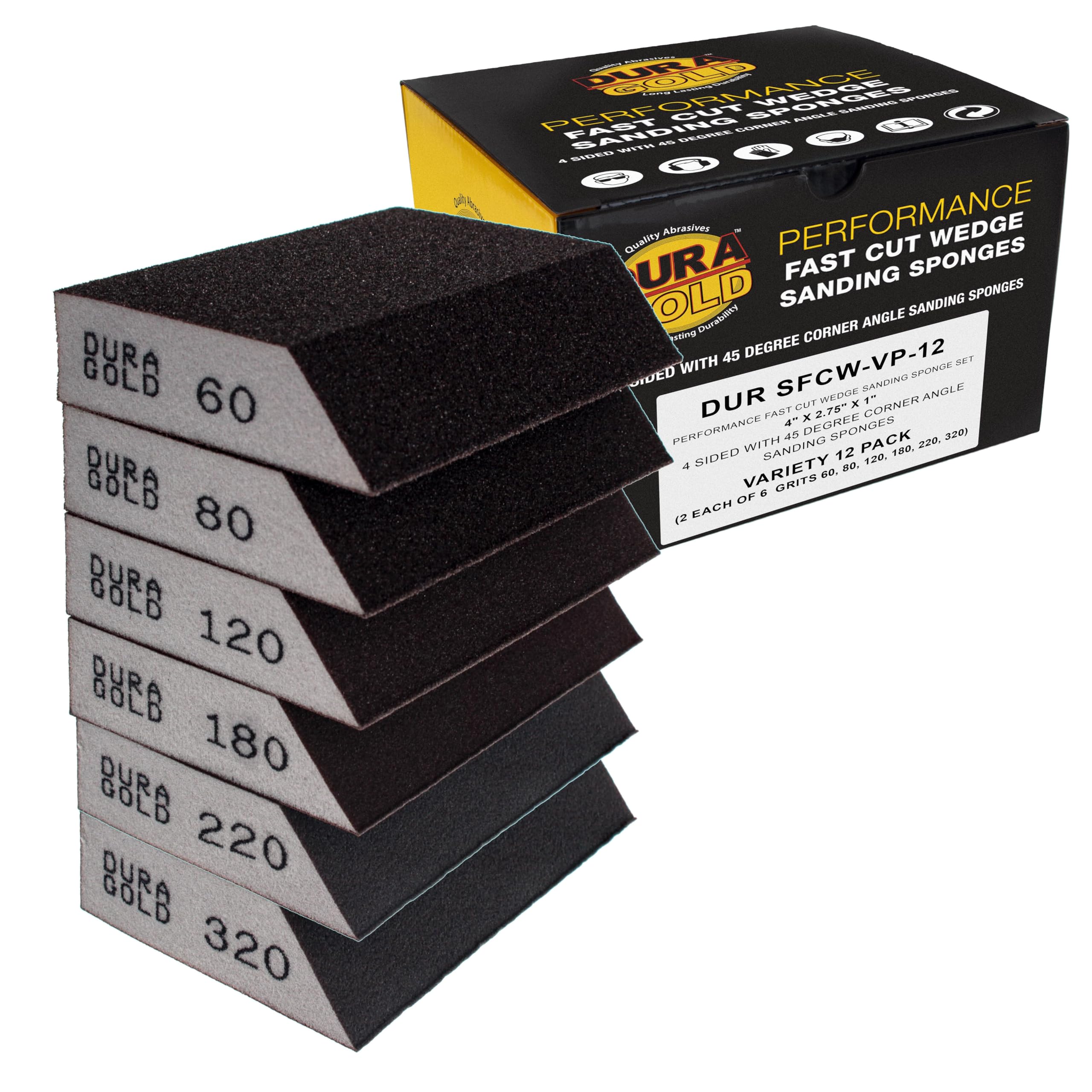 Dura-Gold Esponjas de bloque de lijado a mano de 4 lados con borde en ángulo, paquete variado, caja de 12, grano 60, 80, 120, 180, 220, 320-3.9 x 2.75 x 1 pulgadas, papel de lija flexible húmedo o