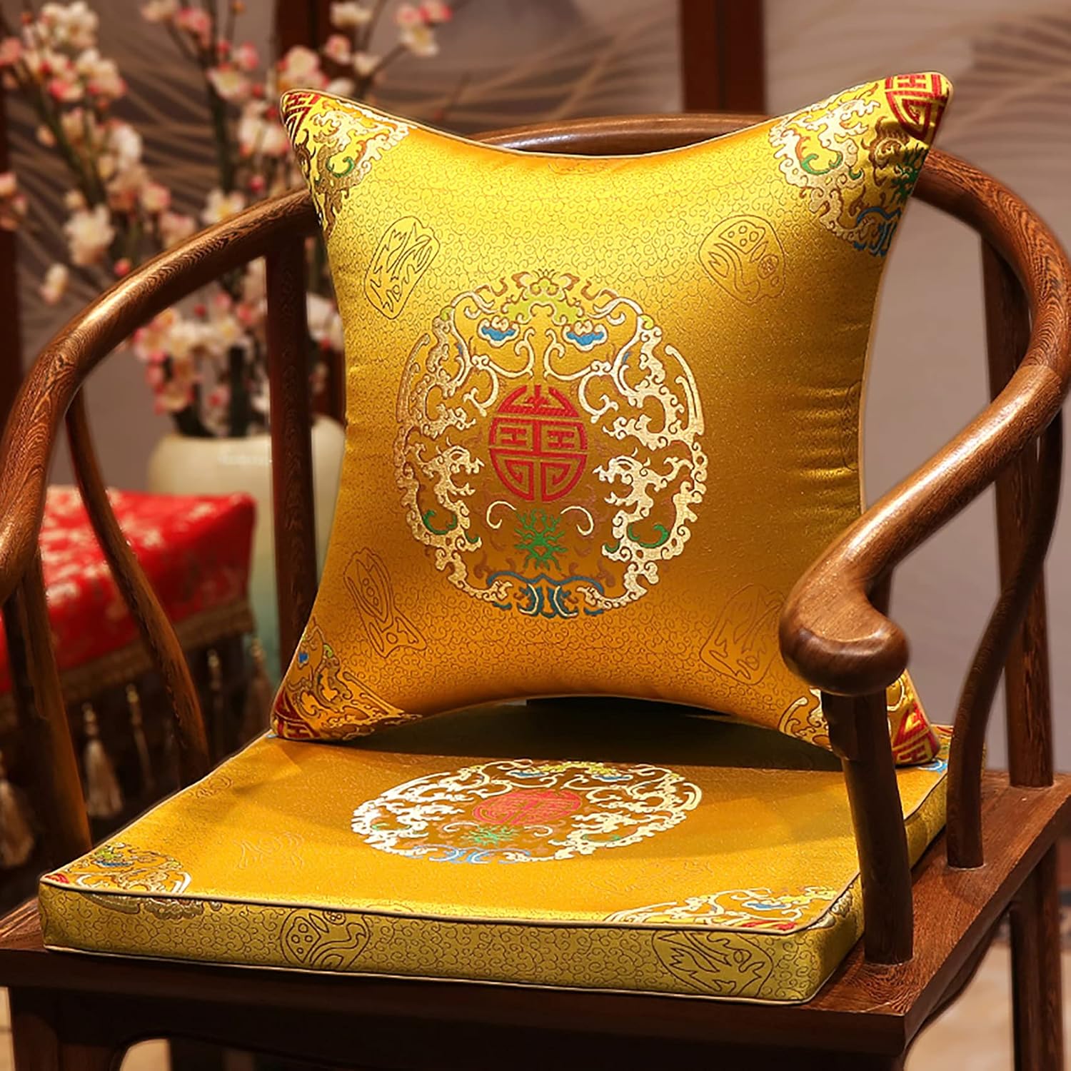 New Chinese Chair Cushion Seat Pad,Non Slip 4 cm Sponge Seat Cushions Washable Floor Mat with Removable Cover for Room Decor-C 45x38x4cm(18x15x1.6inch)