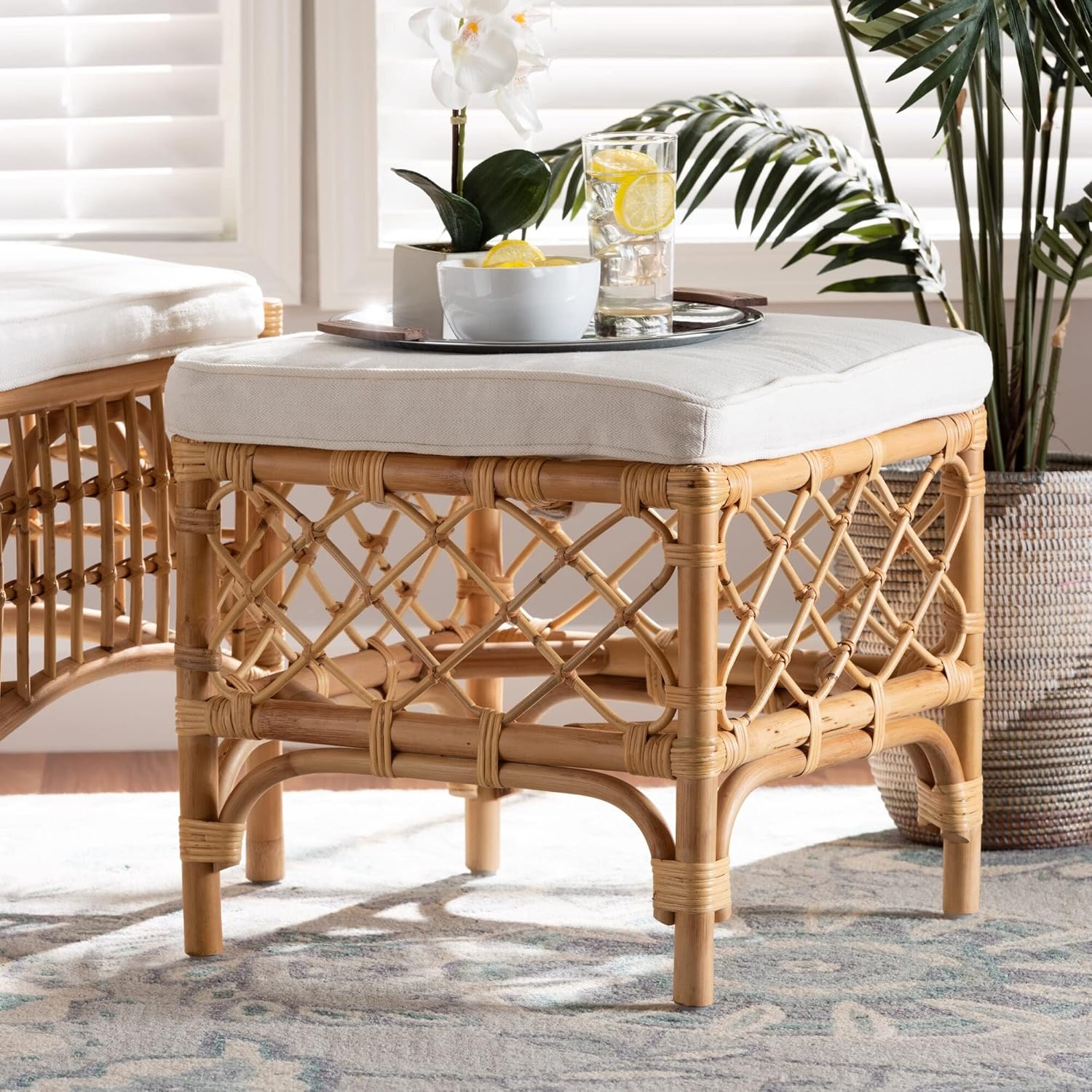 Unknown1 Modern Bohemian Upholstered Rattan Ottoman-White/Natural Brown Eclectic Solid