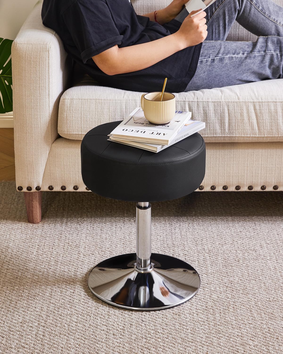 IBUYKE Height Adjustable 360°Swivel Vanity Stool, Tufted Round Vanity Chair for Makeup Room, Faux Leather Vanity Stool for Bathroom, Living Room, Modern Ottoman, Black WBD025B