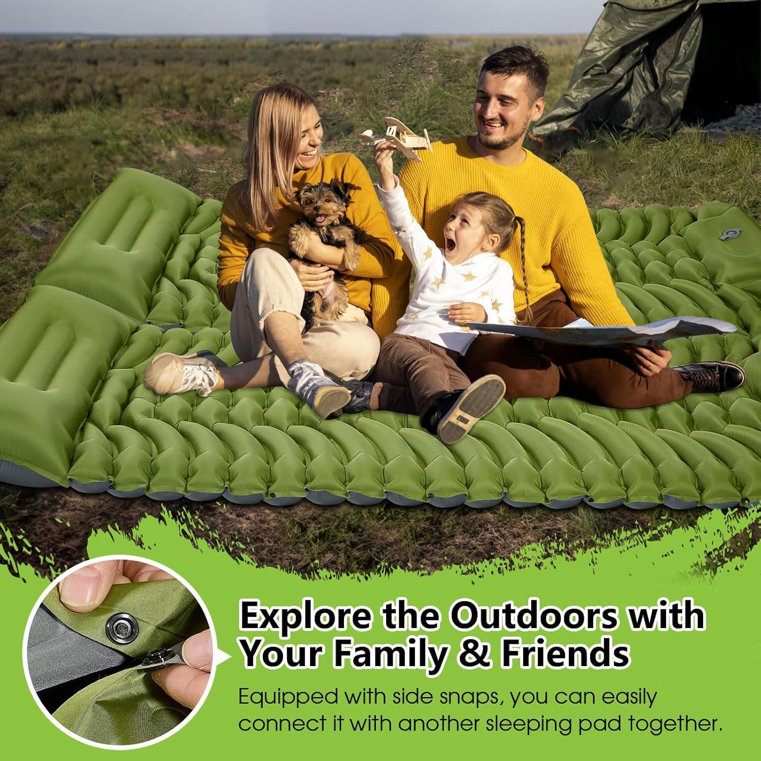 Matelas de camping gonflable avec oreiller, pompe à pied intégrée, tapis compact pour camping, randonnée, voyage, tente (vert)