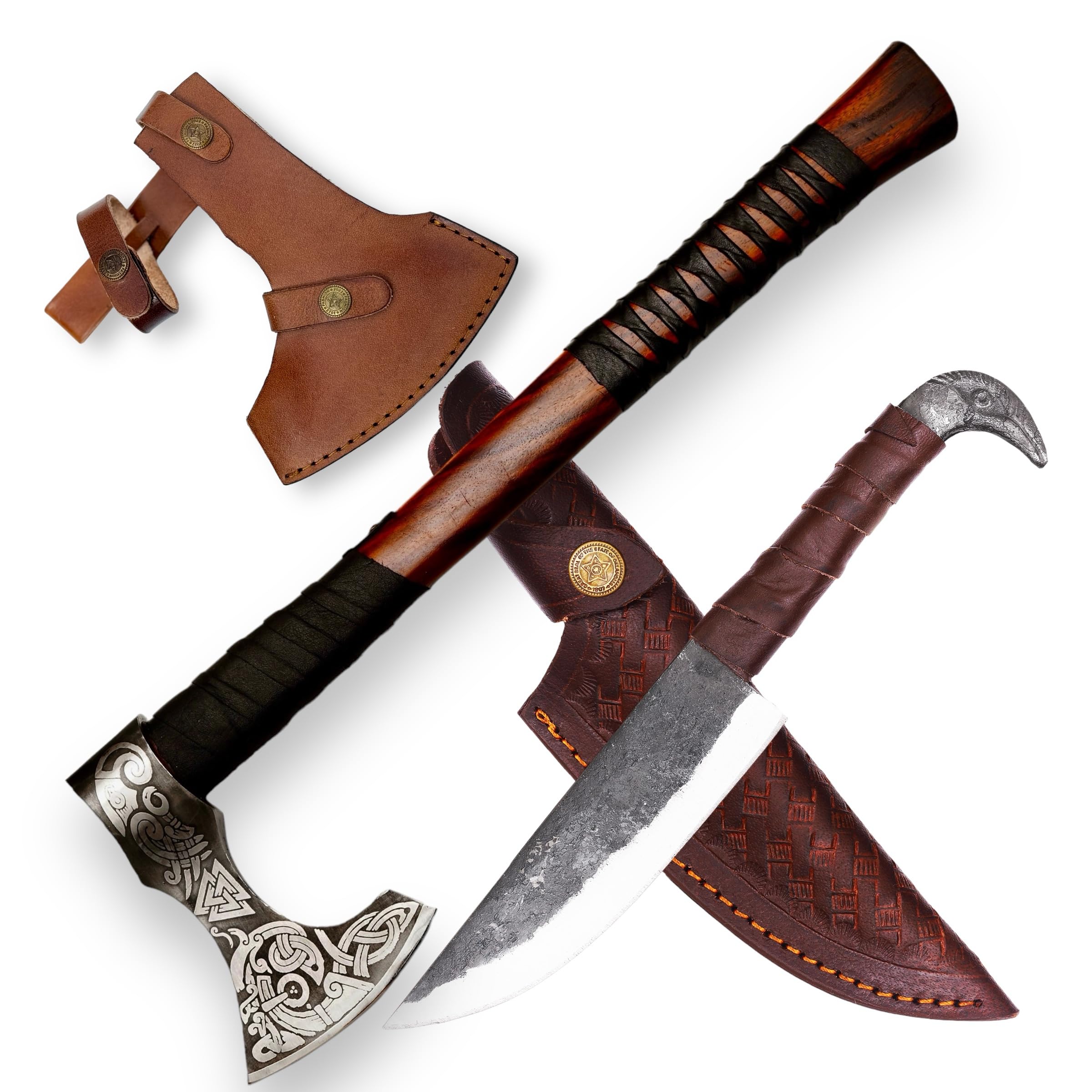 Wikinger Axt und Rabankopf Messer 2in1 Set Beil Axt Hochwertige Wikinger Axt Handgeschmiedet Outdoor Survival Axt mit Leder Schutz