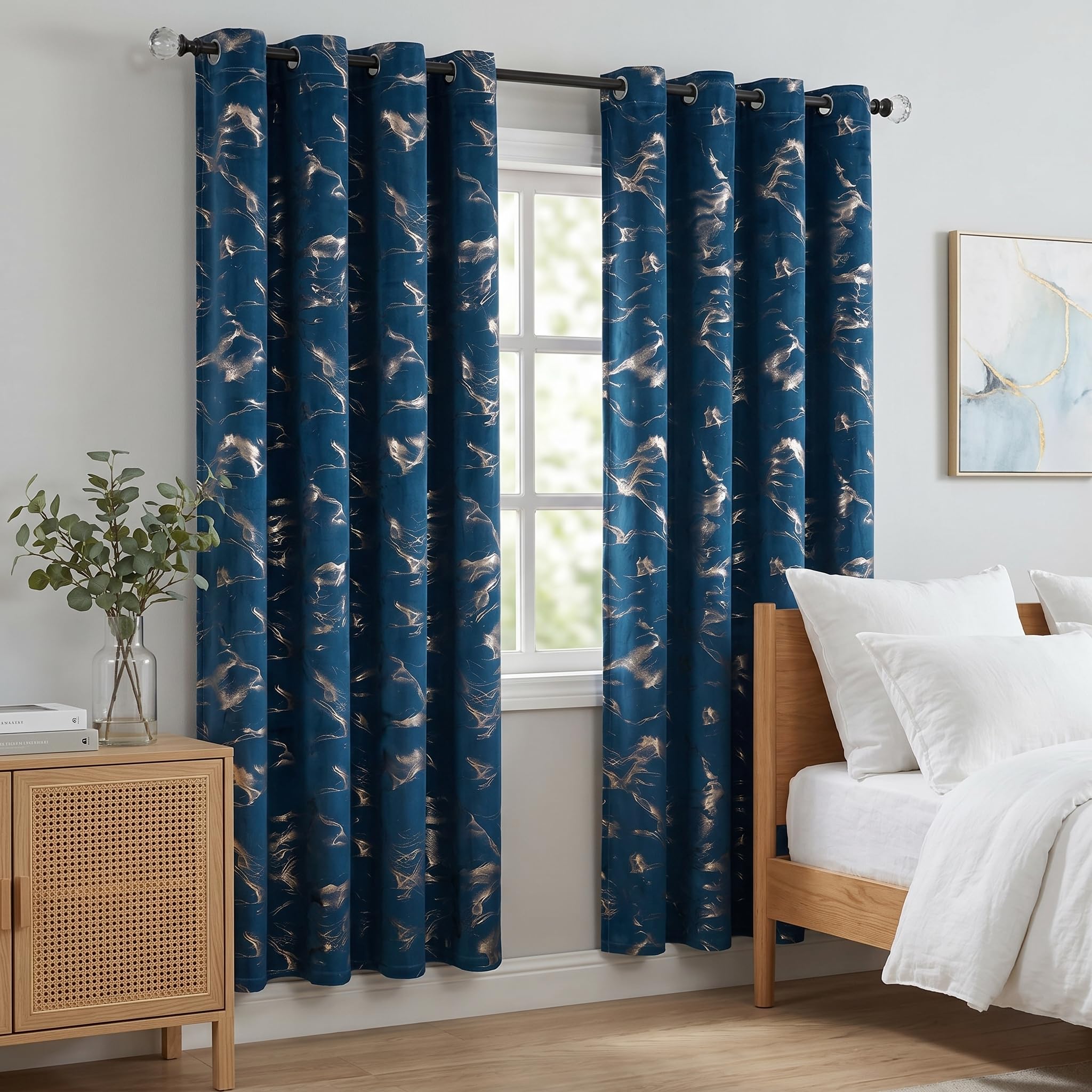 Cortinas Azul Marino Doradas Efecto mármol, H200 x An140 cm, Juego de 2 Paneles, Terciopelo Suave, Cortinas Opacas 85-90%, Ojales metálicos 4 cm, salón Dormitorio Oficina
