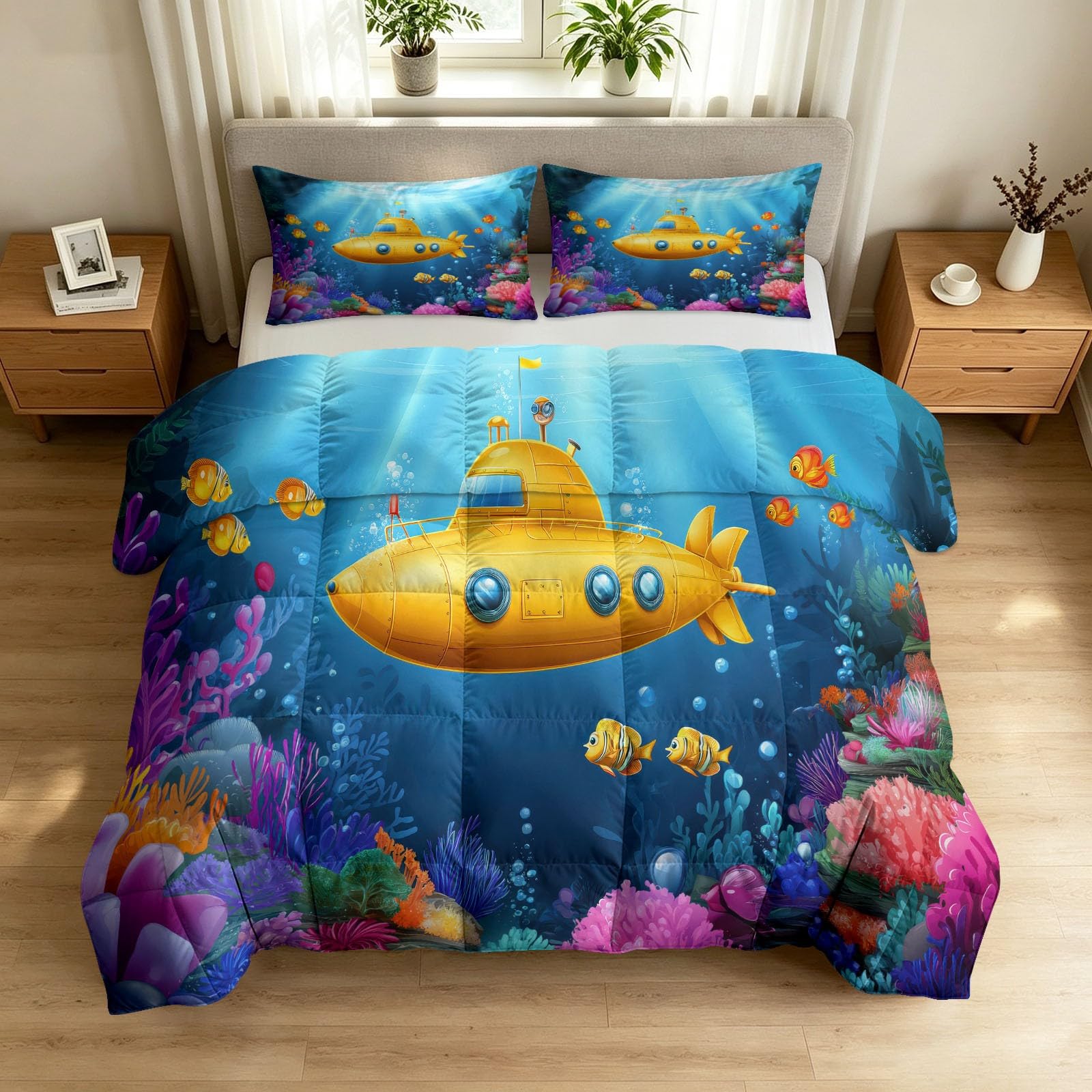 Edredón de 135 x 200 cm azul reversible de 4 estaciones con diseño de peces tropicales para niños