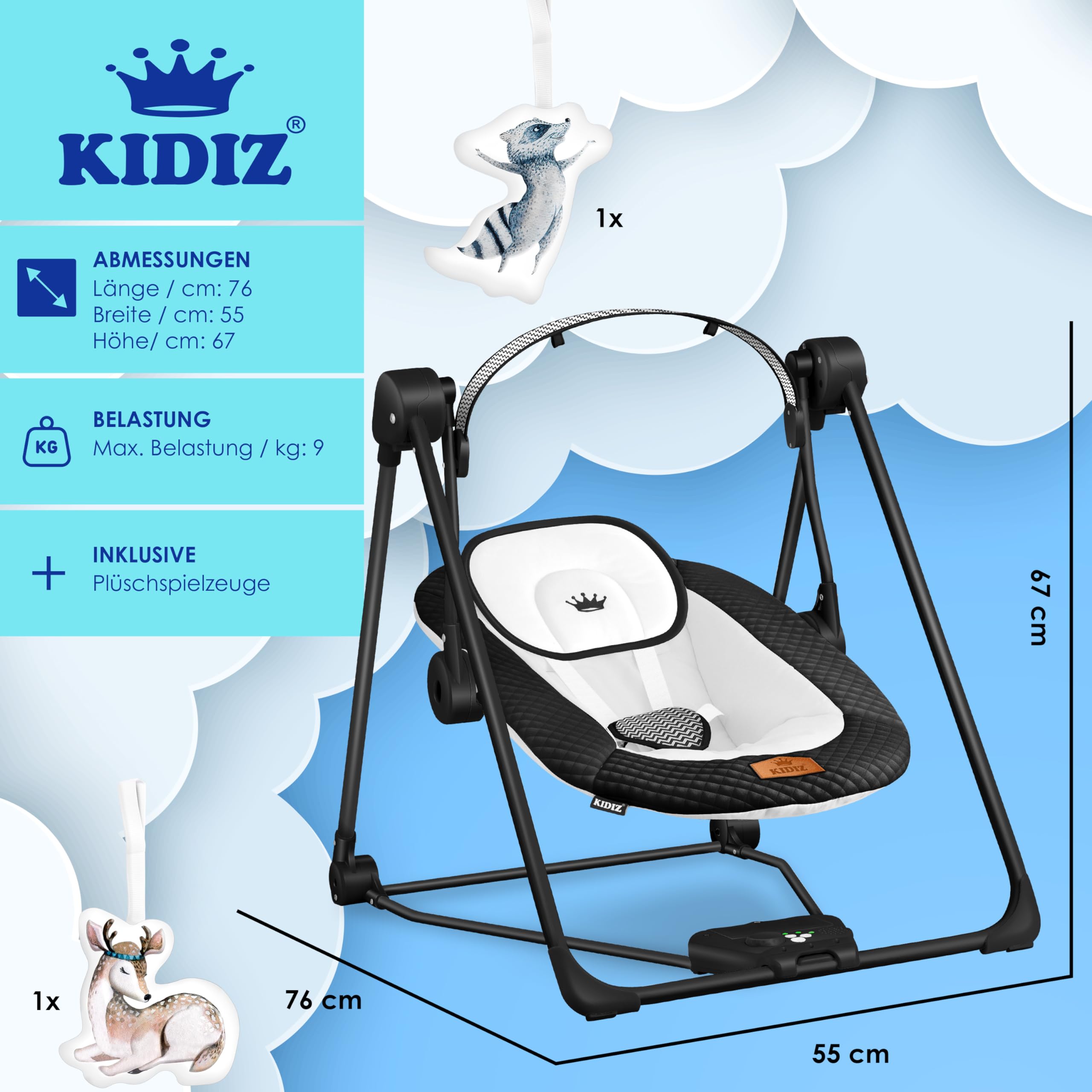 KIDIZ® Balançoire bébé 5 Vitesses Pliable transat Chaise Haute Arche Jeu Jouets Sons Nature