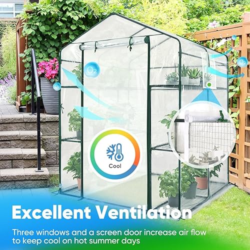 Miniatura 4 de Quictent Invernadero de 4.7 x 4.7 x 6.4 pies, puerta y ventanas de malla, 3 niveles, 12 estantes, mini portátil para interiores y exteriores, verde