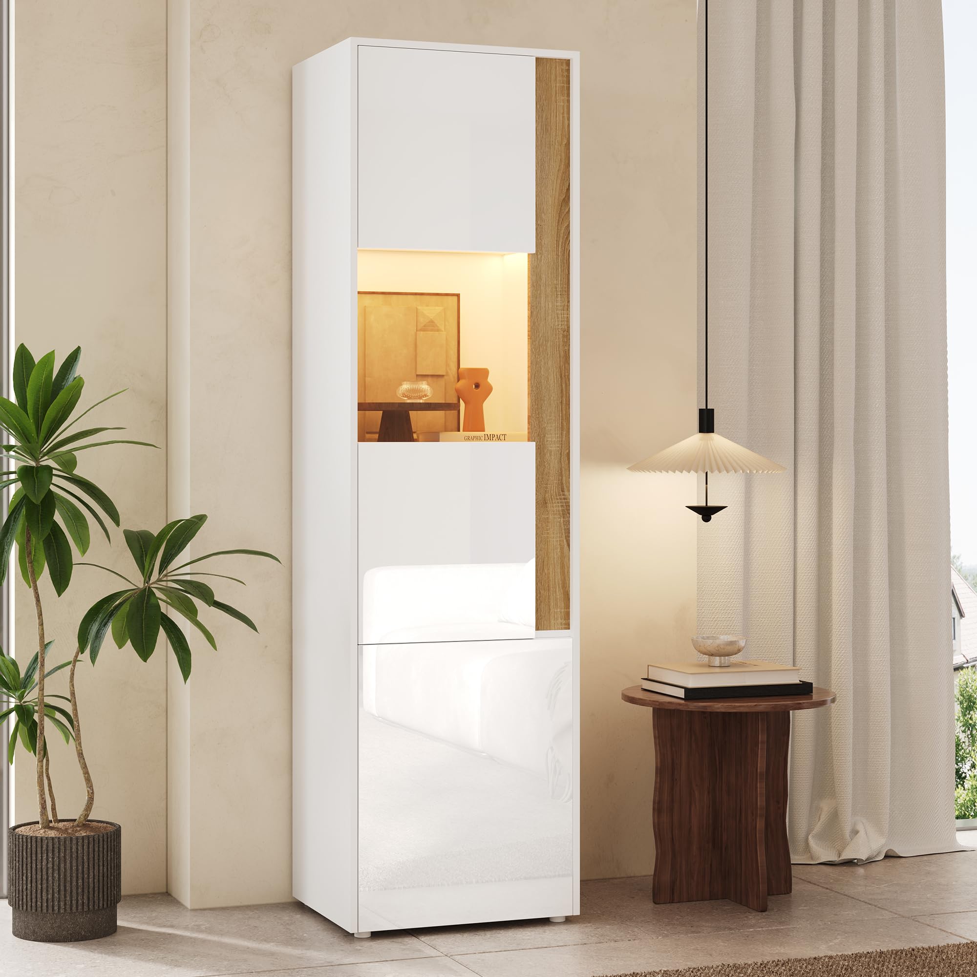 Vitrina de 50 x 40 x 179 cm, mueble de almacenamiento, armario alto, 2 puertas (una de ellas de acrílico), adecuada para salones, oficinas y cocinas, color blanco y natural