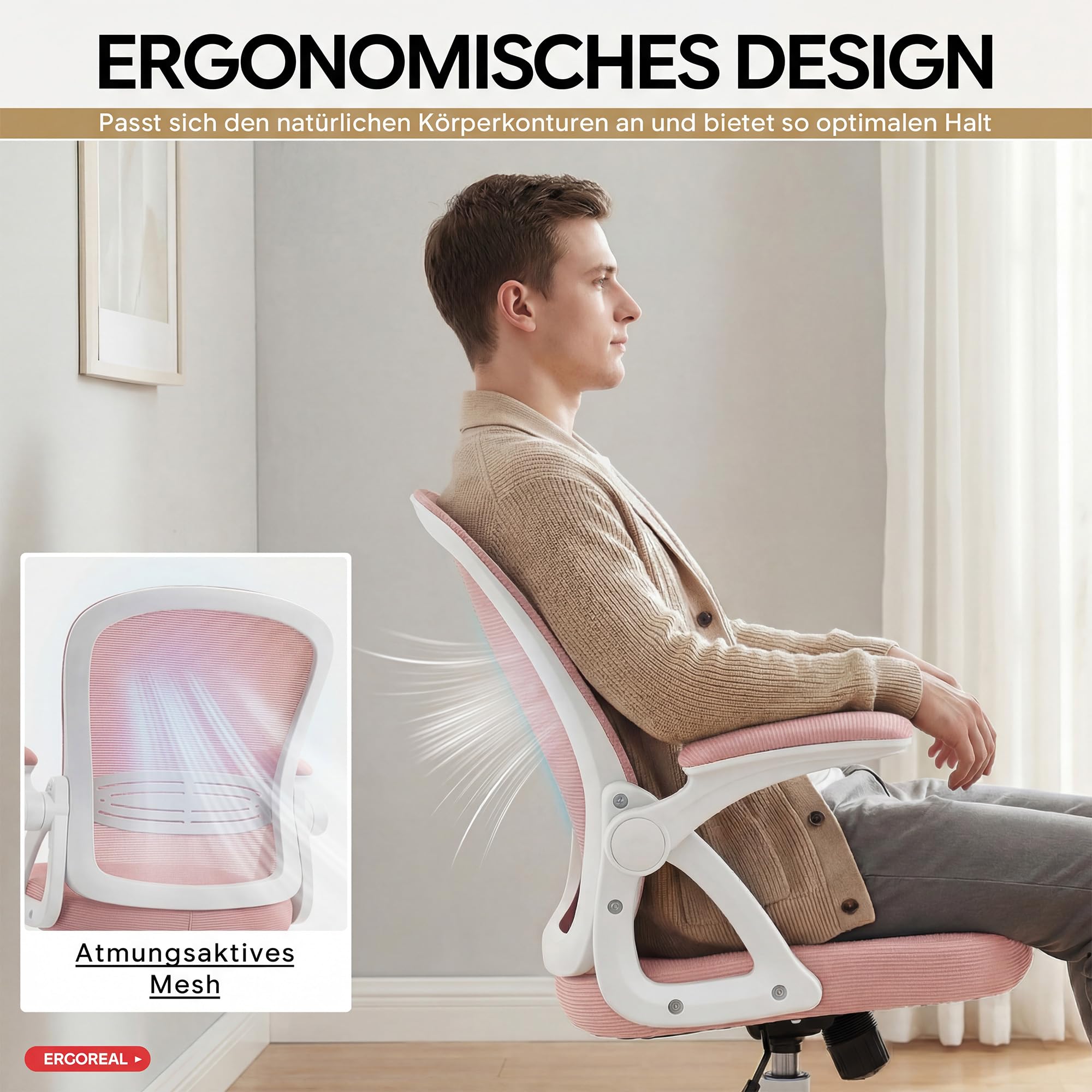 Ergonomischer Bürostuhl, 90-110° Verstellbare Rückenlehne & Aufklappbare Armlehnen (90°), Bürostuhl mit Rollen & Höhenverstellung,Homeoffice & Arbeitszimmer (Kirschblütengrau)
