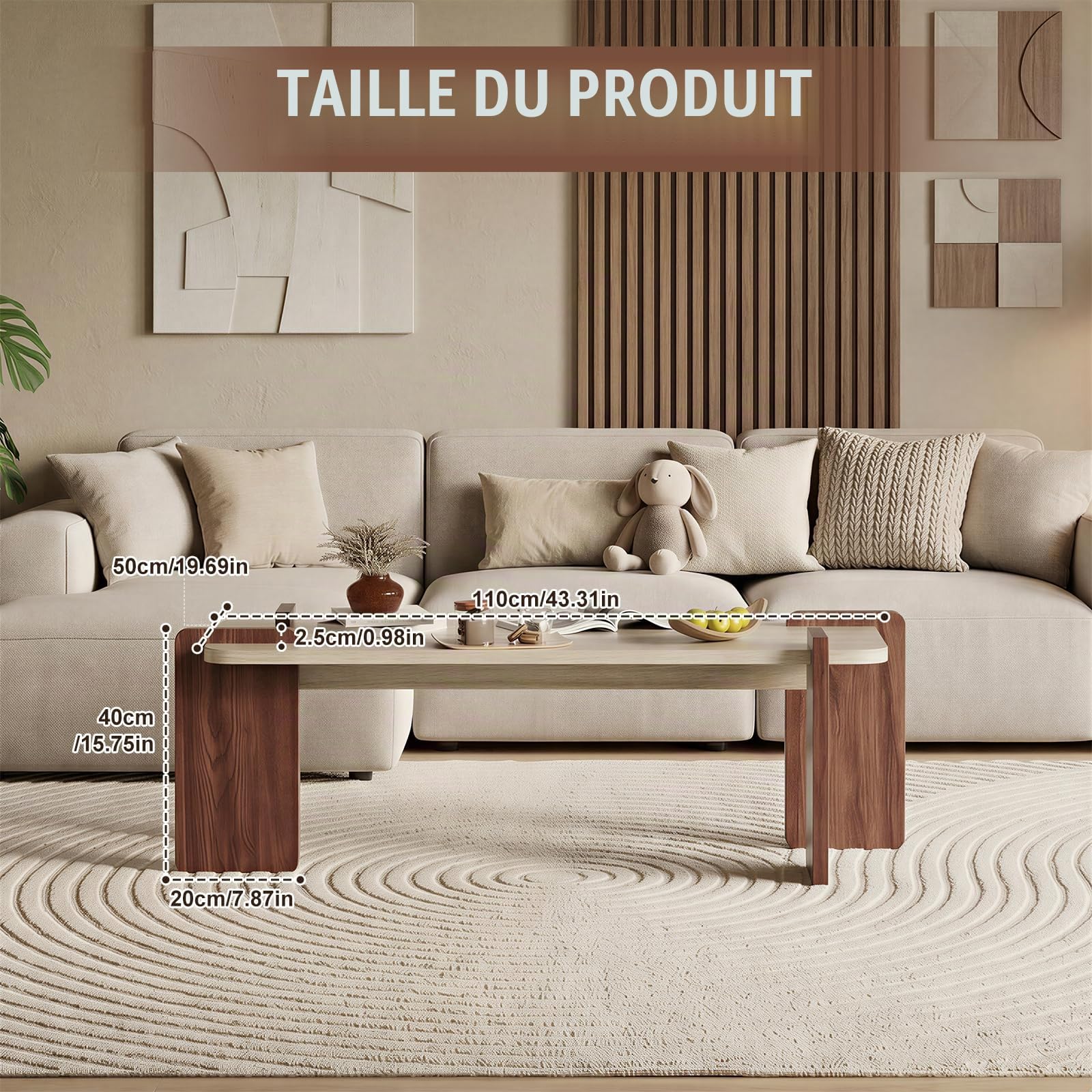 MSFE Table Basse en Travertin,Table Basse Bois Rectangulaire pour Salon,Élégante Table Centrale pour Café ou Thé avec Base Robuste et Coins Arrondis,110 x 40 x 50 cm
