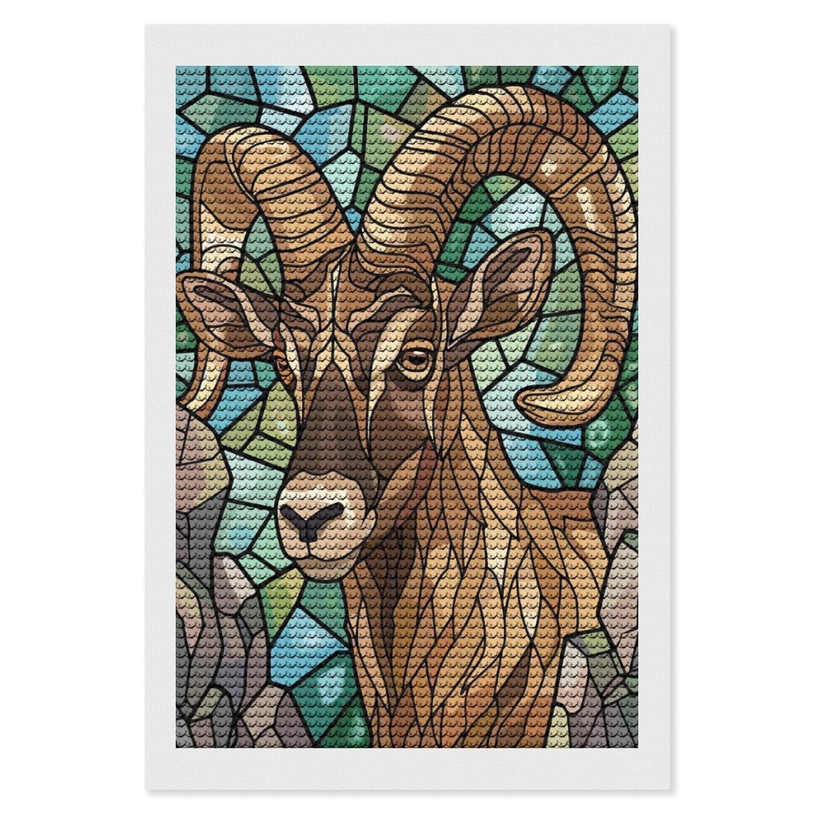 Junmoney Stained Glass Bighorn Sheep Portrait DIY Diamond Art Canvas Kit 8"x12", for Teens, Finish and Display, Holiday Gift Idea, Vintage Style Decor