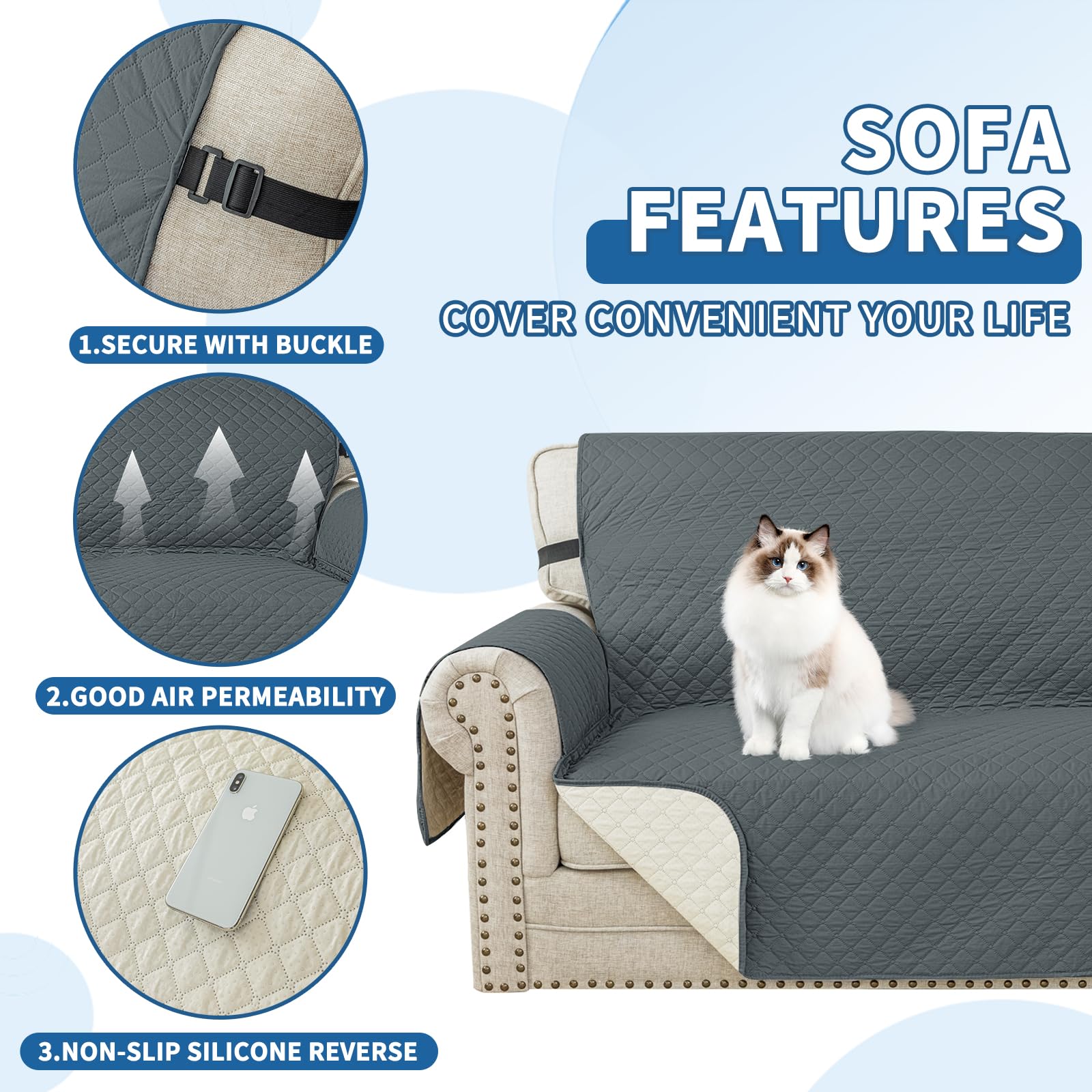 YSTELLAA Impermeable Funda Sofa Chaise Long 3 Plazas, Cubre Sofa Chaise Longue Izquierdo/Derecho Universal Reversible, Anti Gato Y Perro Mascota, Protector Antimanchas Y Resistente, Gris Oscuro