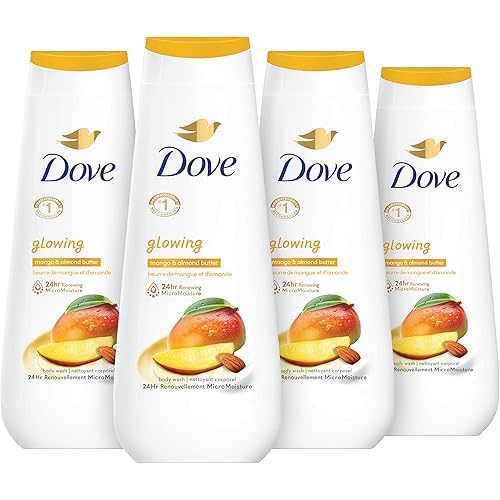 Dove Body Wash Glowing Mango & Almond Butter 4 Count for Renewed, Healthy-Looking Skin Gentle Skin Cleanser with 24hr Renewing MicroMoisture 20 oz