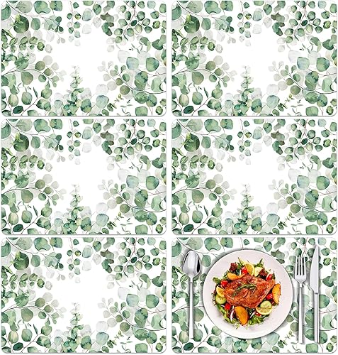 Miniatura 1 de Juego de 6 manteles individuales de plástico con hojas de eucalipto primaverales, manteles individuales de hojas de acuarela de verano, lavables,