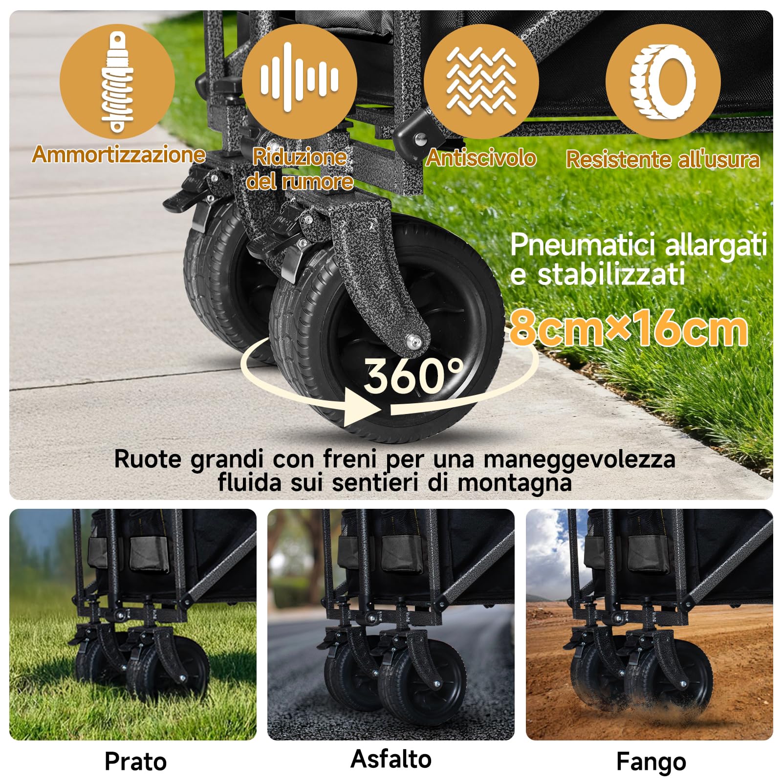 Carrello pieghevole è dotato di grandi ruote staccabili e di una maniglia regolabile, Capacità di carico massima 100kg/210kg，Adatto per campeggio, giardini e shopping (nero 250 litri 210kg)