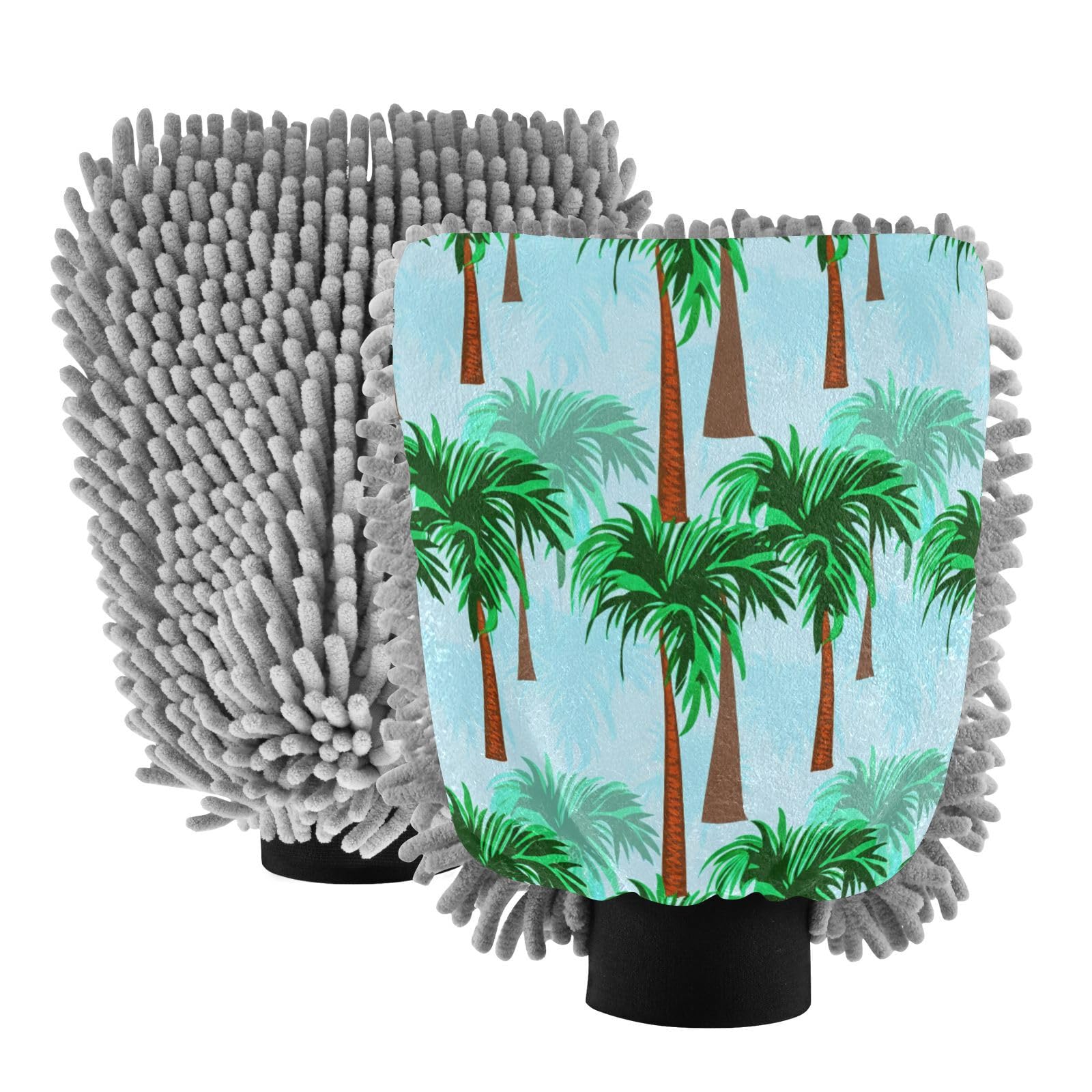 Kigai Tropical Coconut Tree Car Wash Mitt Microfiber, 2Pcs Scratch Free Lint-Free, Premium Chenille Microfiber Mitt Car Wash Brush-L