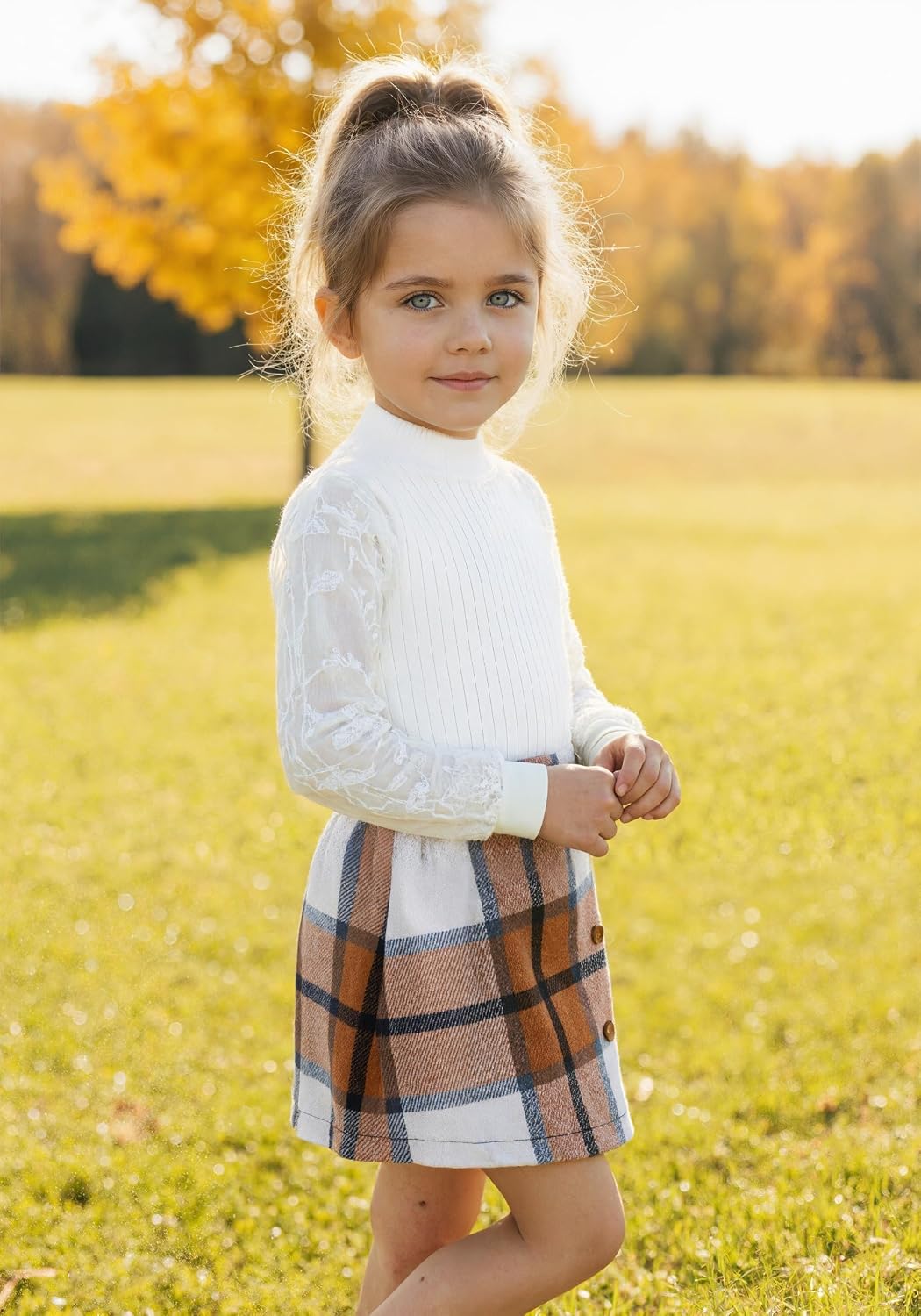 Girls Plaid Outfits Toddler Lace Sleeve Tops Plaid Mini Skirt Shorts Casual Winter Fall Dresses