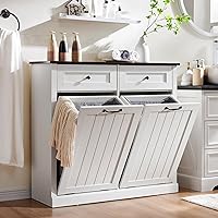 IFBUY Double Tilt-Out 20 Gallon Farmhouse Laundry Hamper Cabinet with Drawer - Hidden Wood Trash Bin for Bathroom Kitchen (Antique White)