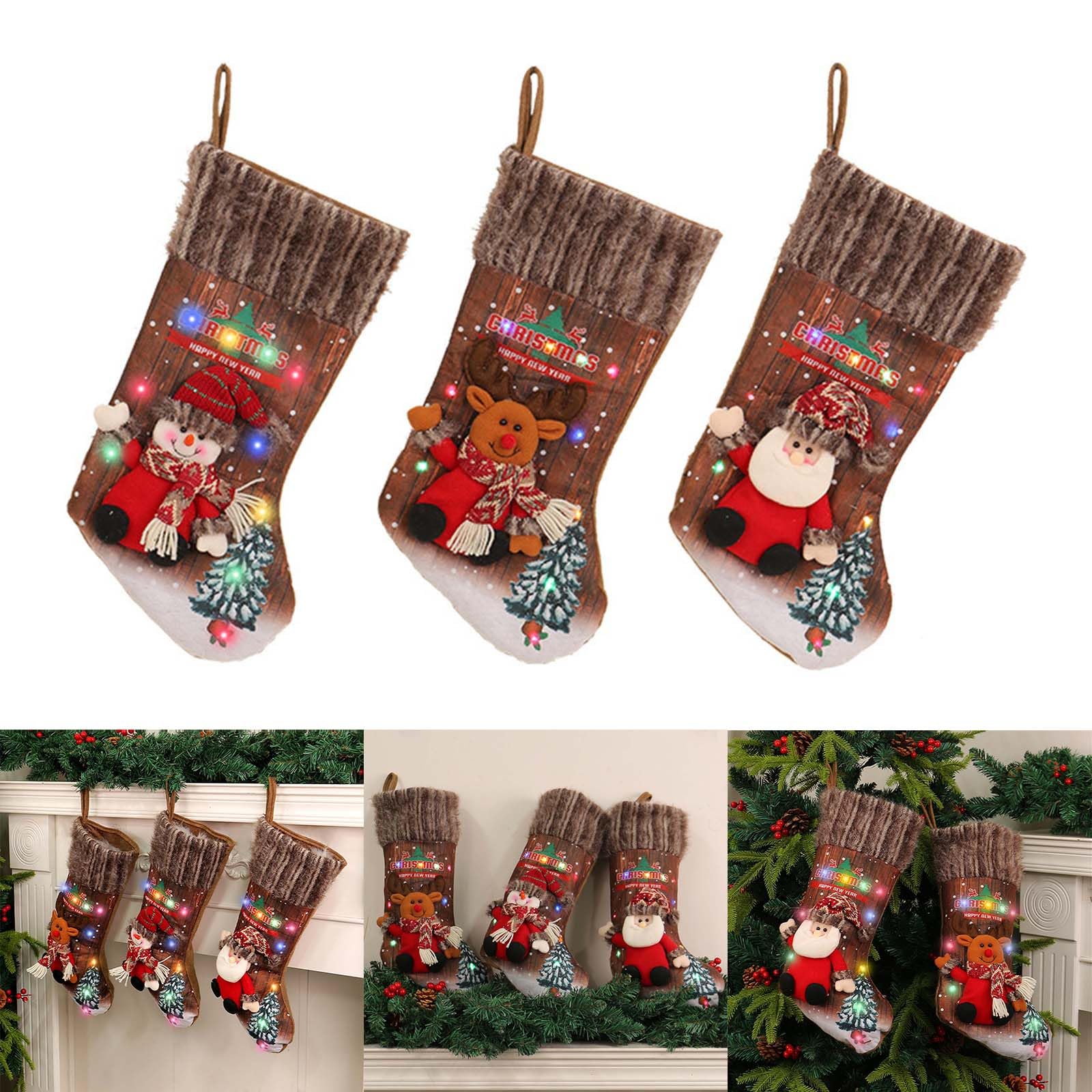 Chaussettes de Noël à LED à suspendre - Bas de Noël - Bottes de Noël - Décorations de cheminée - Bas de Noël à LED