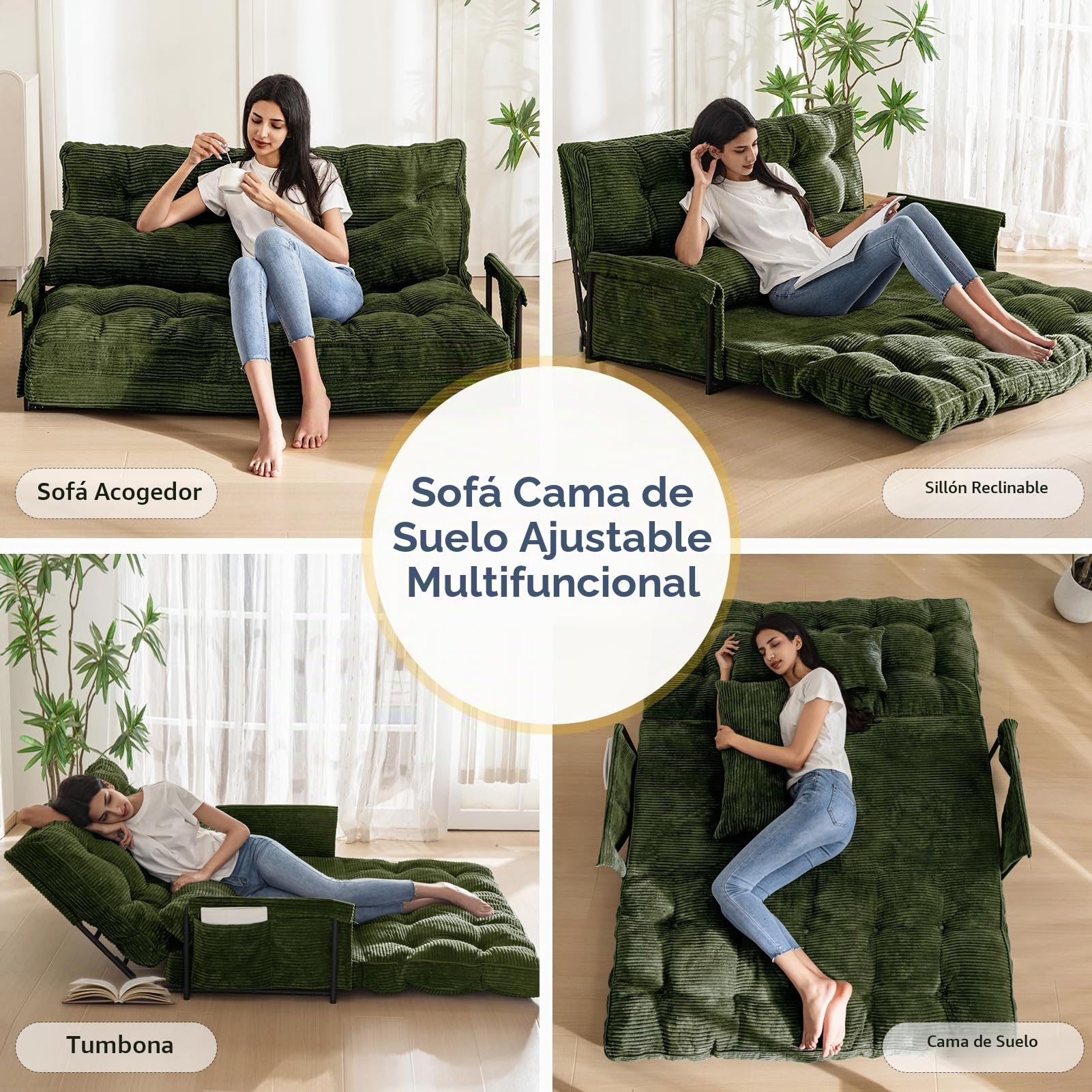 MAXYOYO Sofá Cama Ajustable con 2 Almohadas, Sofá Cama Multifuncional Tipo Puf, Sofá Cama Plegable de 5 Posiciones con Reposabrazos, Asiento Versátil para Leer en el Suelo, Gris Oscuro, Doble