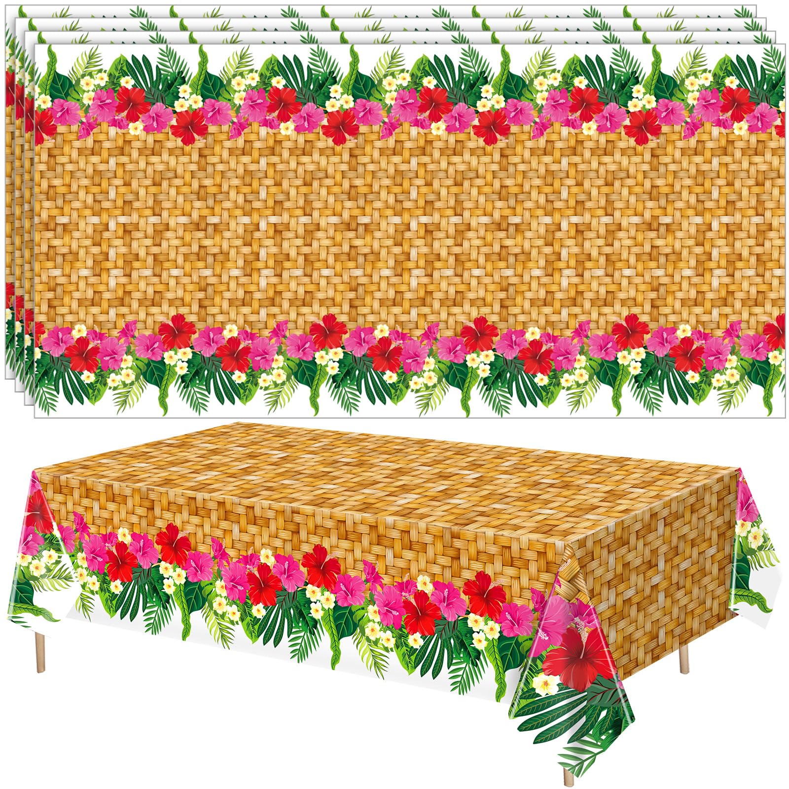 Mindsoft 4 Pcs Hawaiian Luau Party Table Cover 54'' x 108'' Plastic Hawaiian Tablecloth Disposable Rectangular Luau Party Decorations Summer Tropical