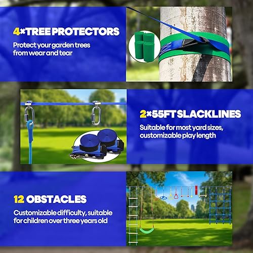Miniatura 4 de Carrera de obstáculos Ninja Warrior de 2 x 55 pies para niños con 13 accesorios de carrera de obstáculos columpios, barras de mono, entrenadores de