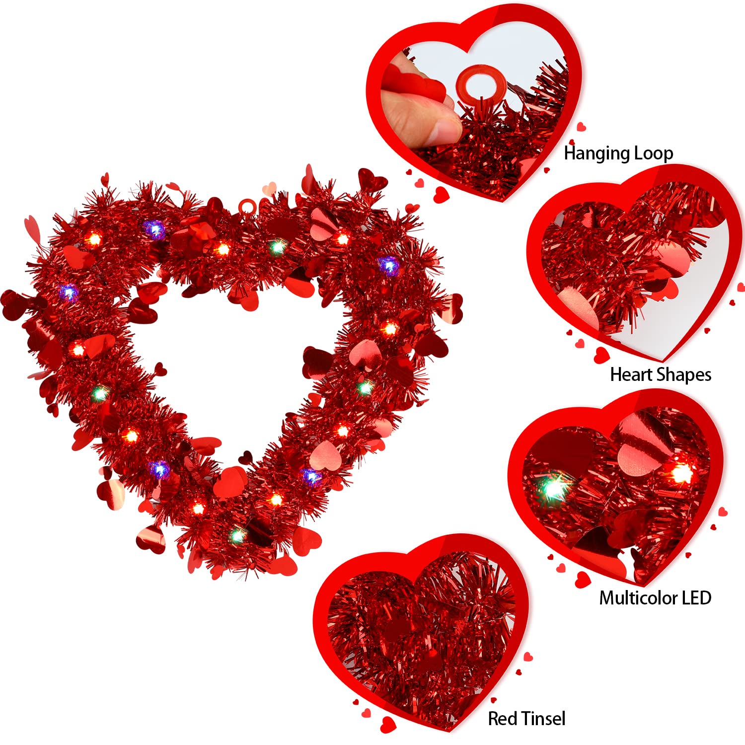 Condition photo showing Brand New for ccinee 1 pack prelit valentine's day heart shaped wreath with lights - red tinsel wreath with foil heart - lighted hanging valentines decoration for front door, wall, indoor, outdoor party favor
