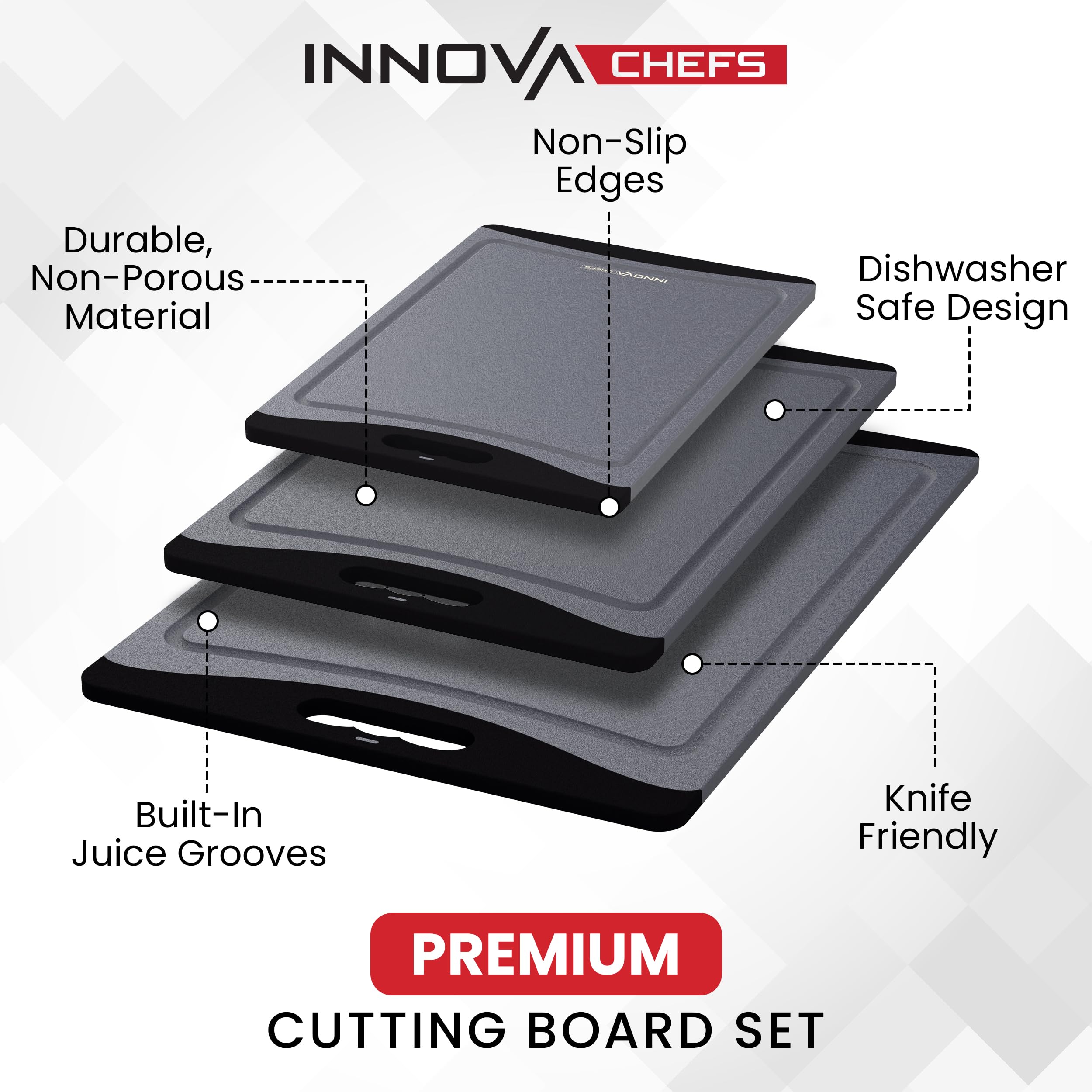 Tablas de cortar de plástico para cocina (gris/negro) - Paquete de 3 tablas de cortar de plástico antideslizantes y reversibles para cortar fácilmente - Juego de tablas de cortar aptas