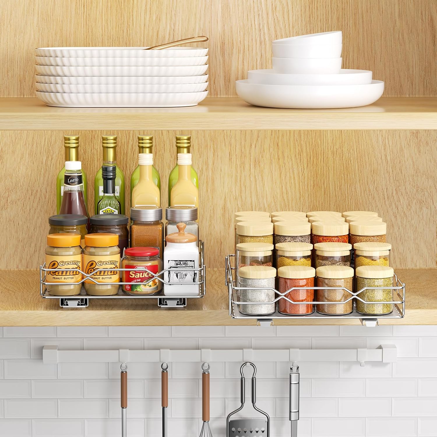 Pull Out Spice Rack Organizer for Cabinet, Slide Out Spice Organization for Cabinet Storage for Spices, Bottles & Jars, Sliding Spice Shelf for Narrow Kitchen Cabinets, Pantry, 8.5"W x 10.5"D x 2.5"H