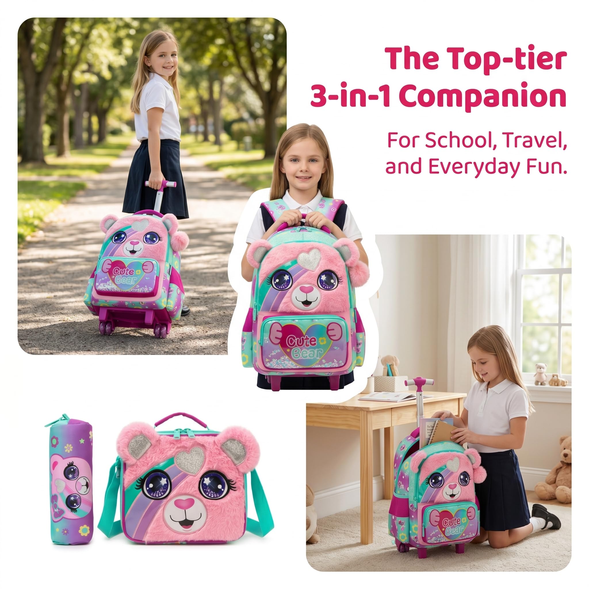 Sac a Dos Roulette Fille Enfant Cartable Cabine Primaire Valise École Maternelle Sacs à D'école pour Voyage de Bagages Ensemble Adolescents Étudian Poches Dégradé de Rose Ours