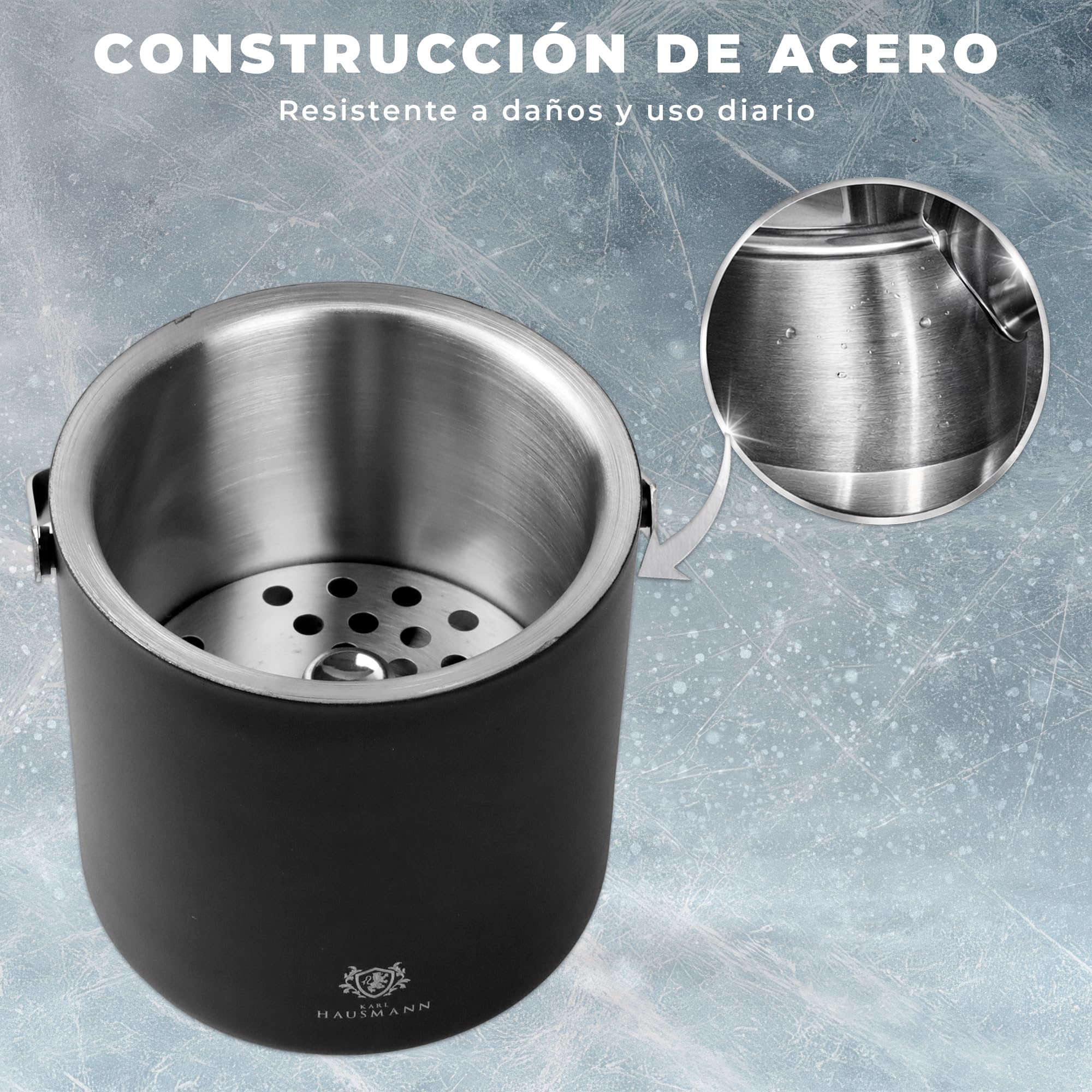KARL HAUSMANN Cubo Hielo 1,3L con Tapa, Pinza y Rejilla - Cubitera Acero Inoxidable Negra Doble Pared Aislante, Mantiene Hielo Seco, Ideal para Cócteles, Bebidas, Bar y Hogar