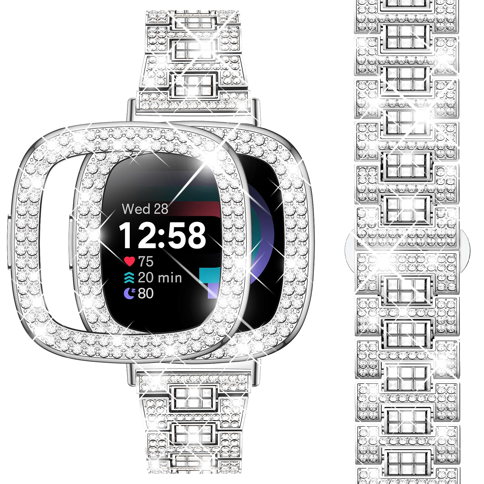 Dsytom Bling Watch Band Compatible with Fitbit Versa 4 Bands/Fitbit Sense 2 Bands with Rhinestone Protective Case Cover for Women Girls(Silver)