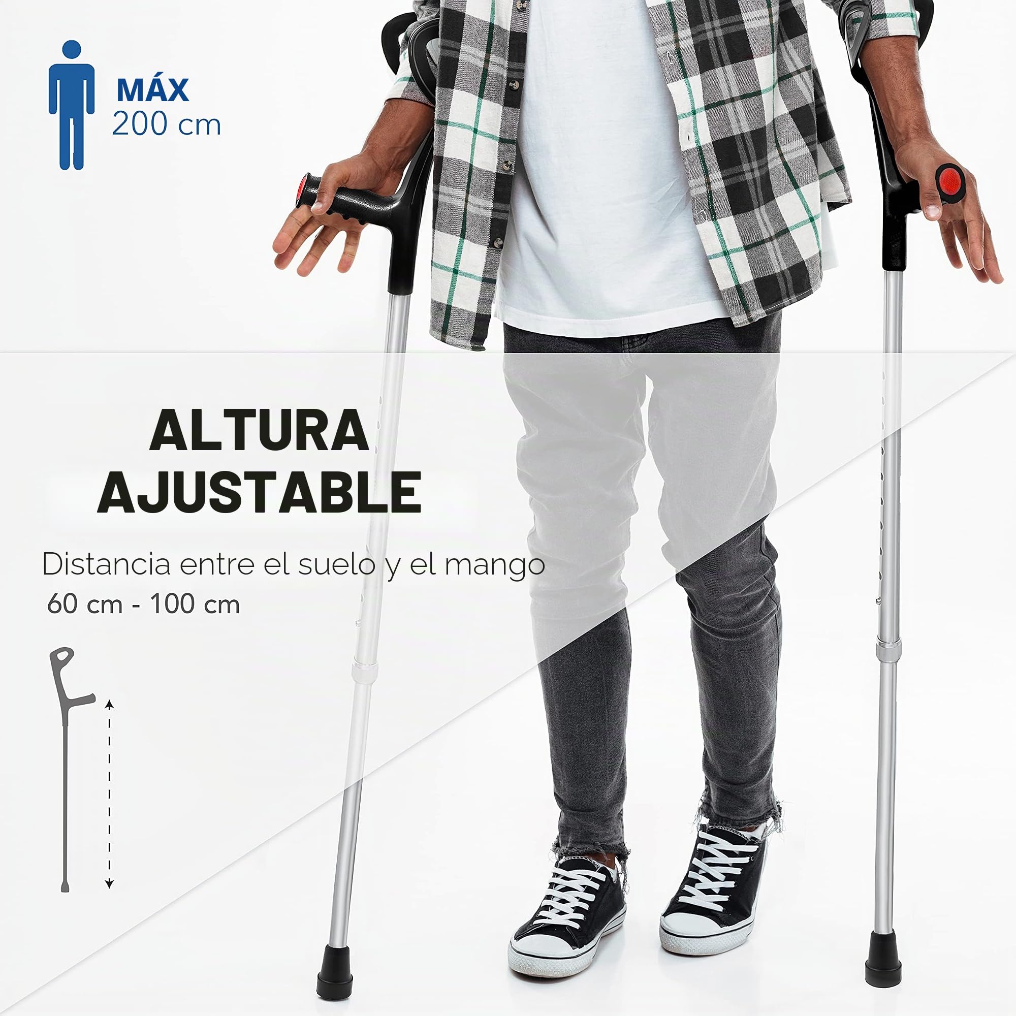 AIESI® Muletas para adulto regulables ortopédicas ligeras color negro en aluminio anodizado (Paquete de 2 piezas), Garantía 24 meses