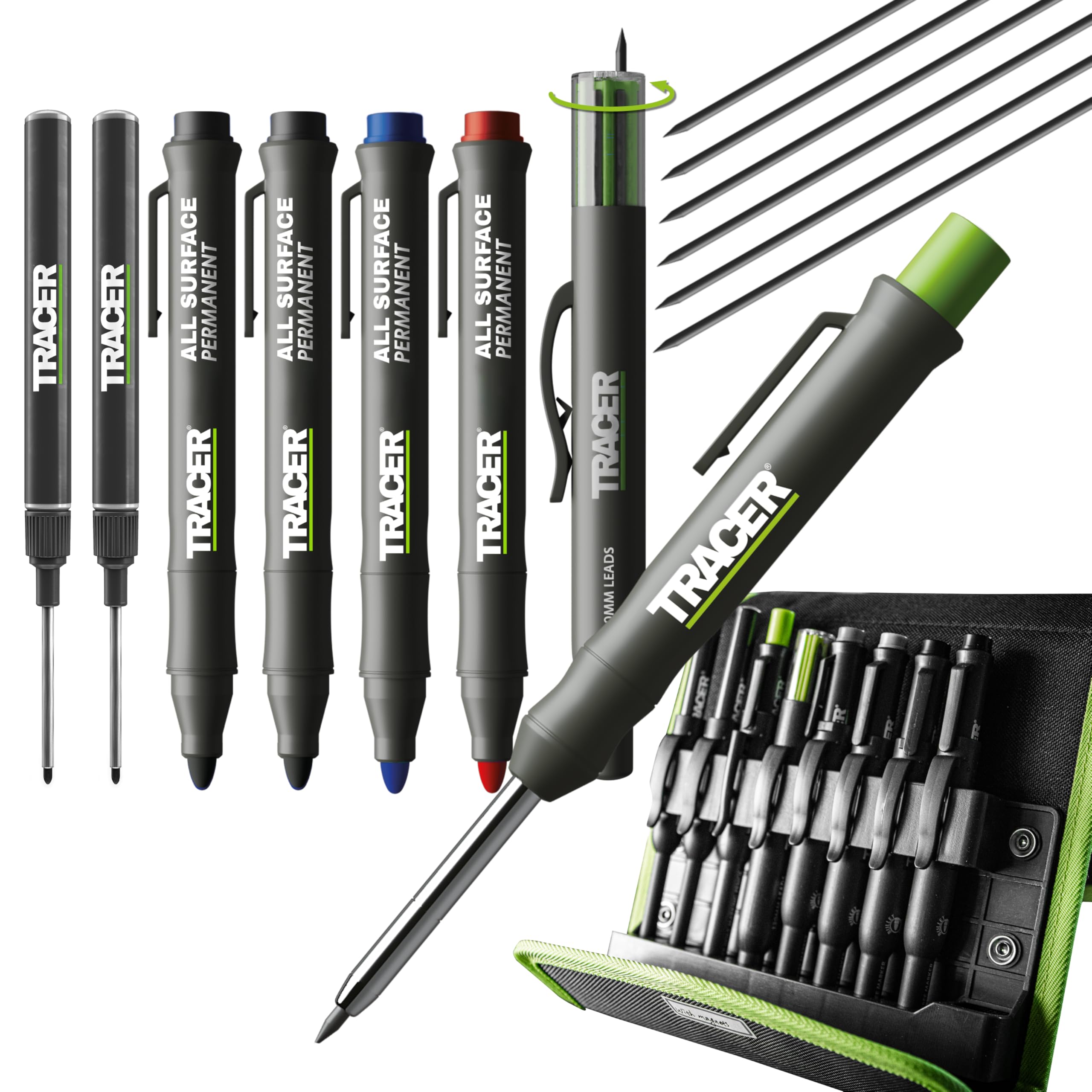 Tracer 8PC Construction Marker Kit – Deep Hole Pencil, Clog-Free & Long Nib Markers, Storage Case