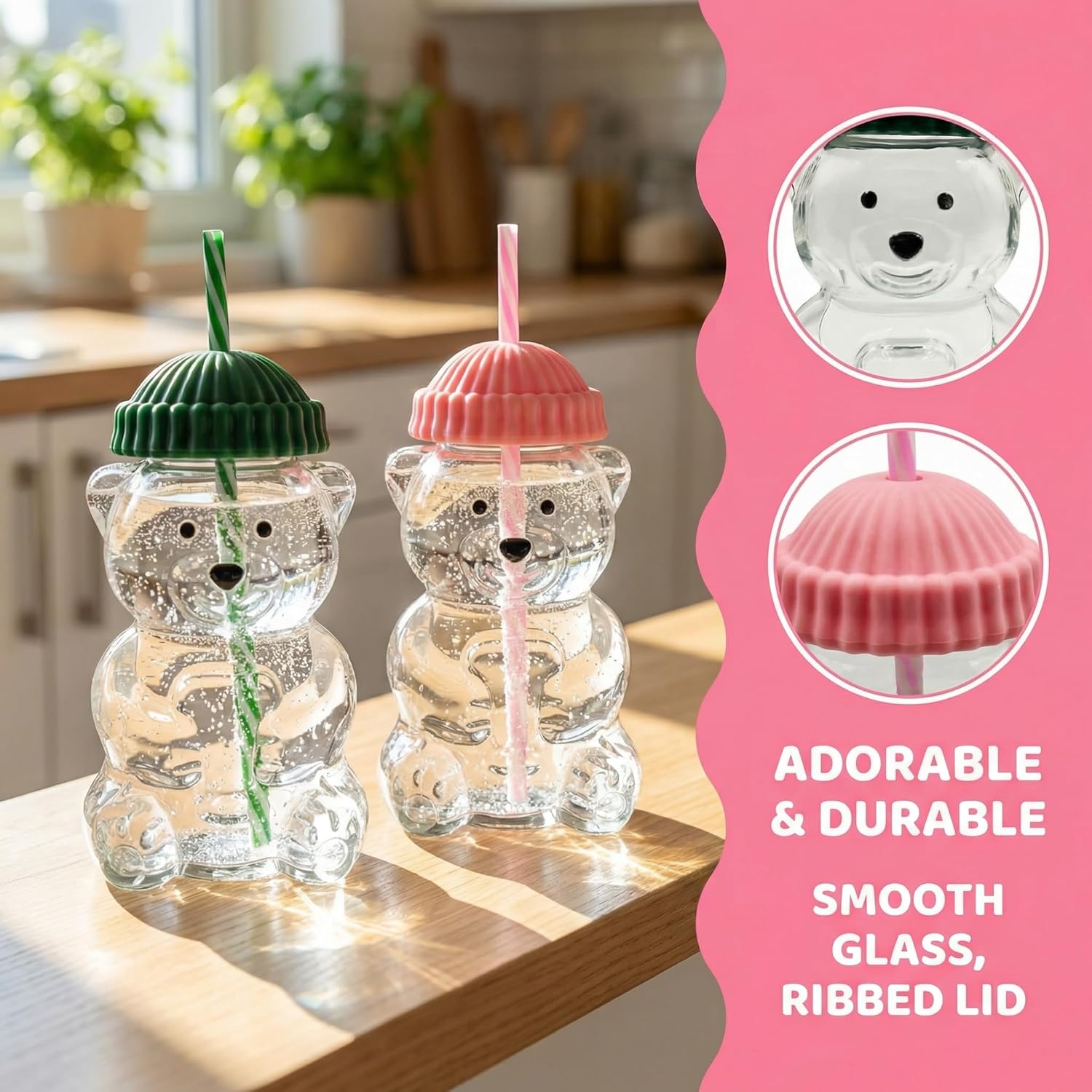 （2 glasses） Bear Cup Bear Straw Cup, Cute Bears Glass Cup with Straw, 500ml Reusable Glass Tumbler with Lid for Iced Coffee, Milk Tea, and Cocktails, Dishwasher Safe (green+pink)