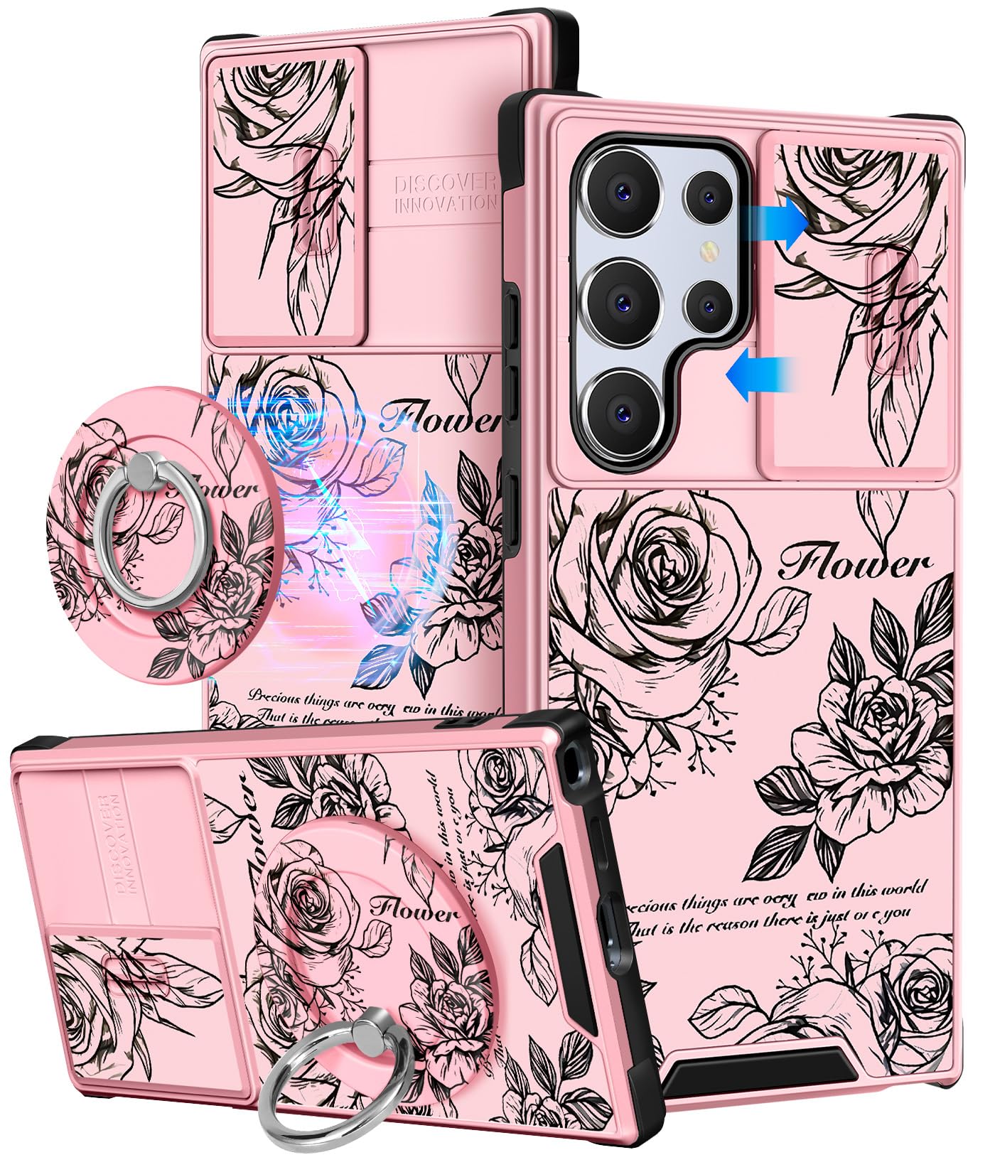 Buleens for Samsung Galaxy S23 Ultra Case - with Ring Stand & Camera Cover Aesthetic Cute Designed Women Girl Girly Kawaii Rose Flower for Samsung S23