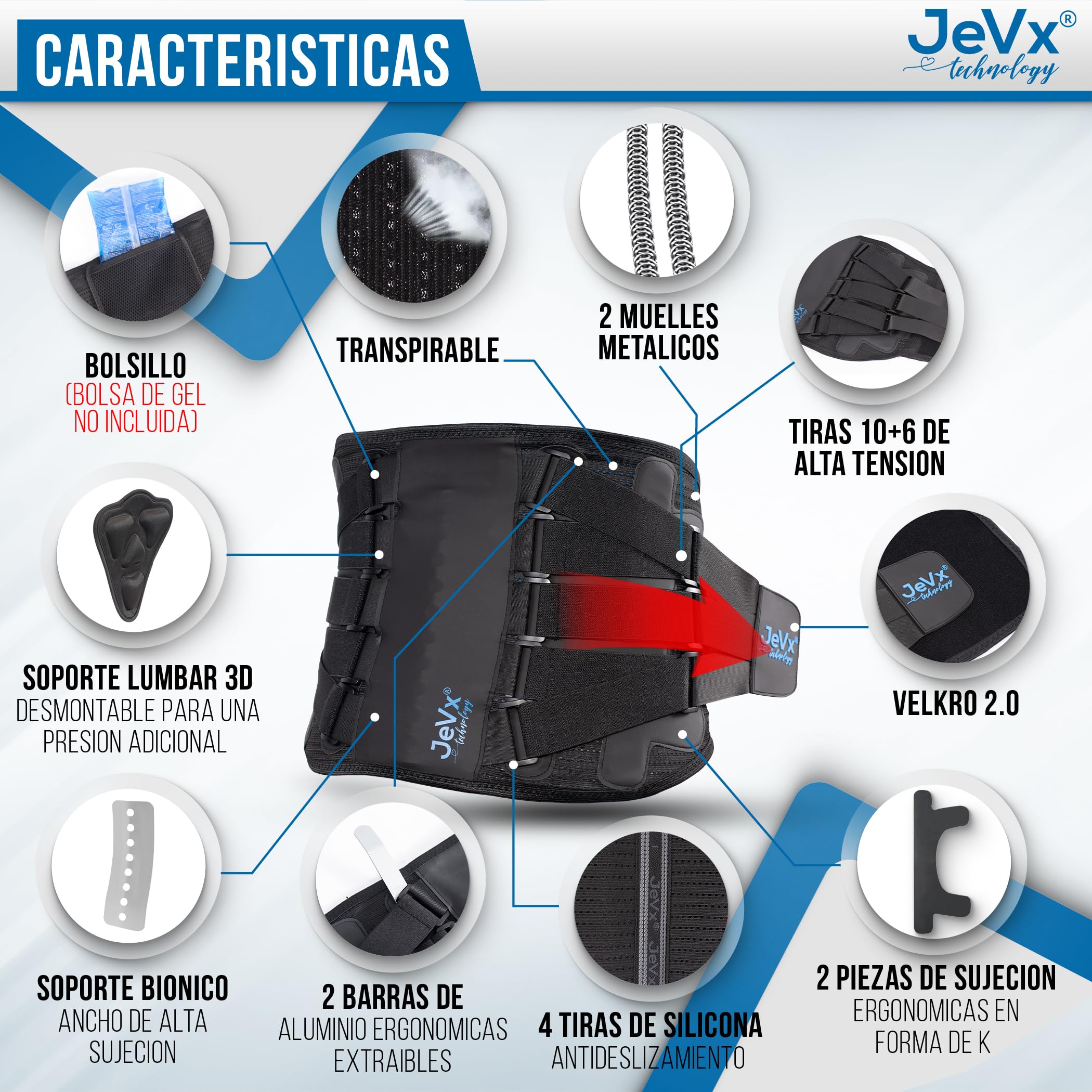 JEVX Faja Lumbar Hombre y Mujer Trabajo, con Soporte Biónico L | para Dolor de Espalda, Deportiva, Cinturon Abdominal Transpirable, Lesión de Columna, Deporte Ciatica
