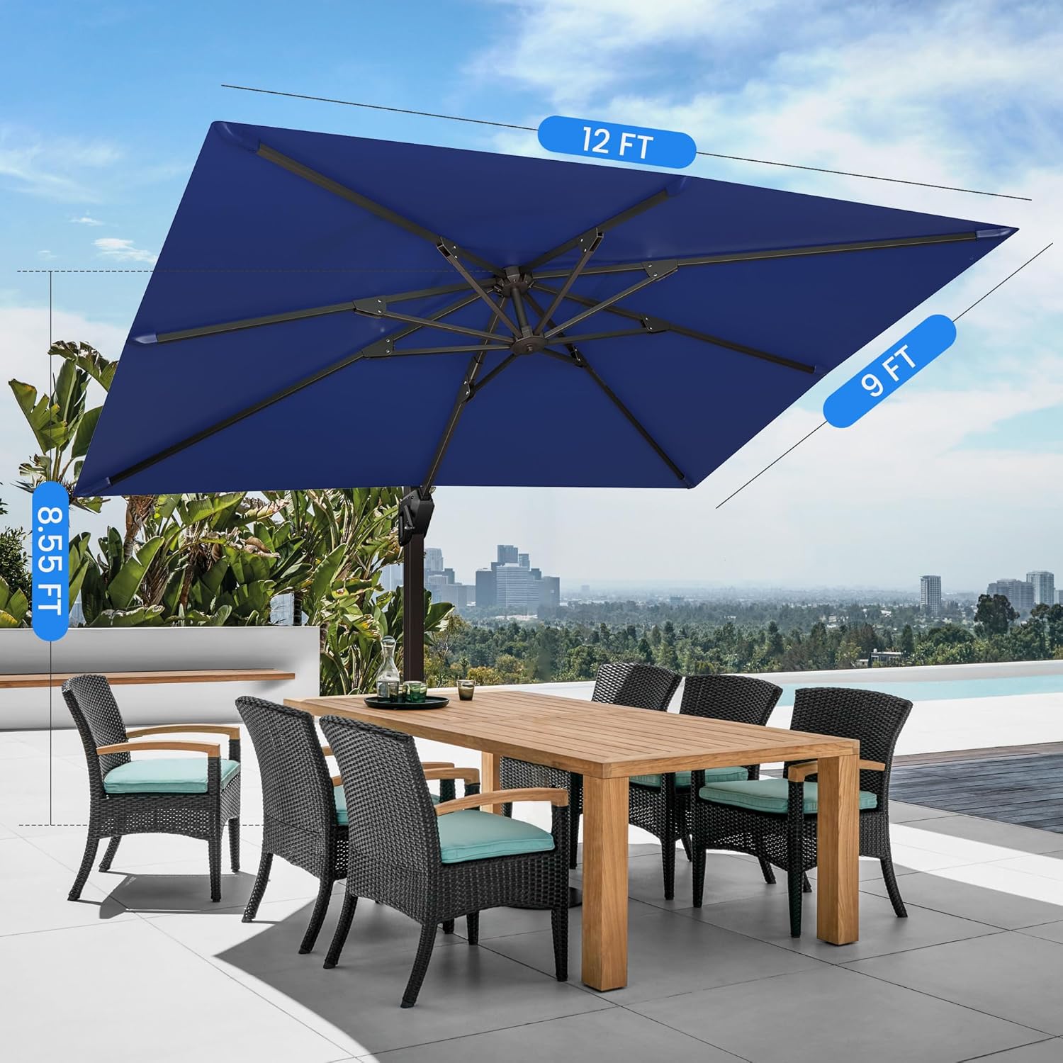 9' X 12' Cantilever Patio Umbrella with Base Included Rectangular Outdoor Large Offset Umbrellas with 7 Tilts Adjustable 360°Rotation for Deck Pool Garden Backyard, Navy - Image 6