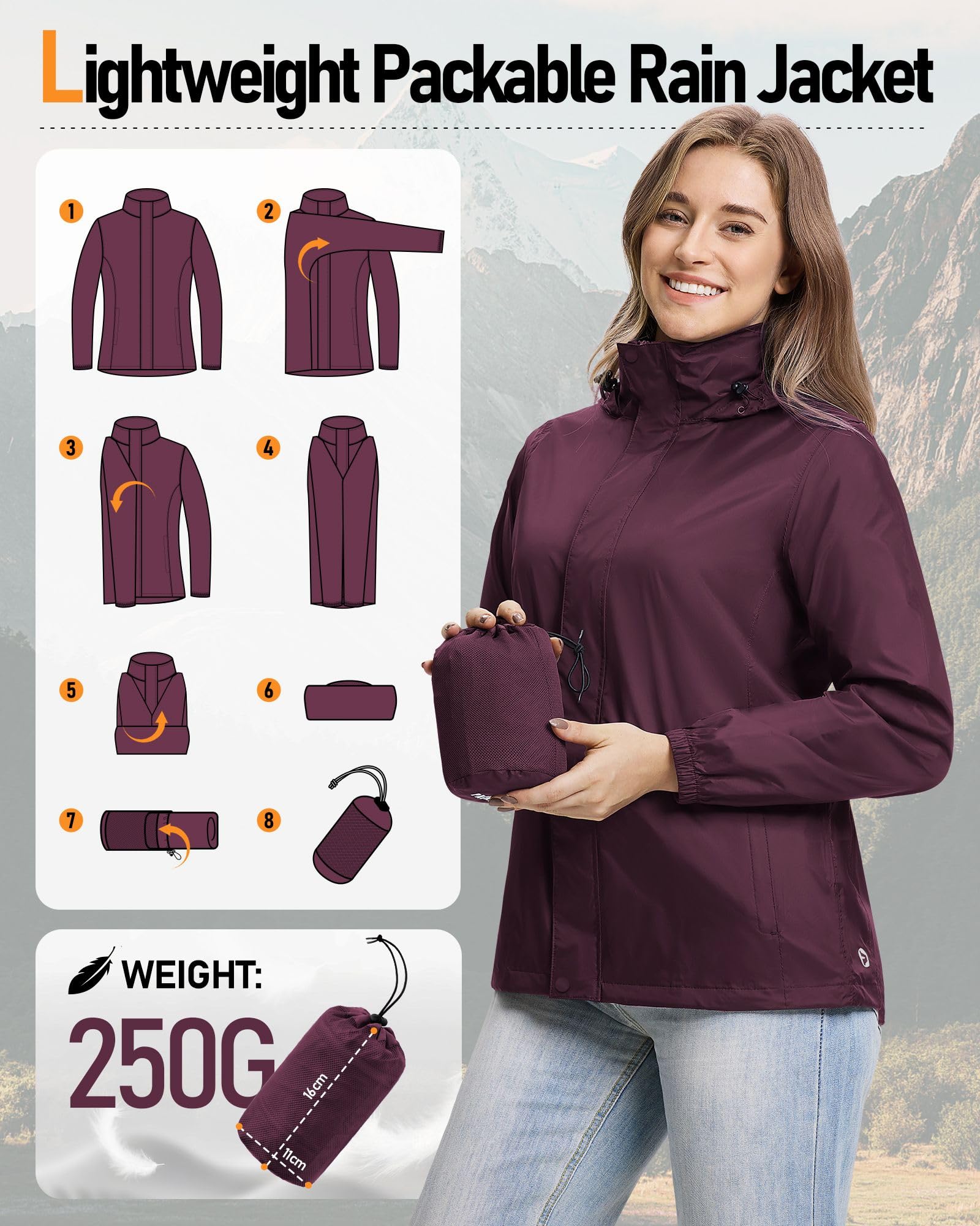 Outdoor Ventures Chubasquero para mujer, resistente al agua, cortavientos, chaqueta ligera de entretiempo con capucha, chaqueta de ciclismo y exterior
