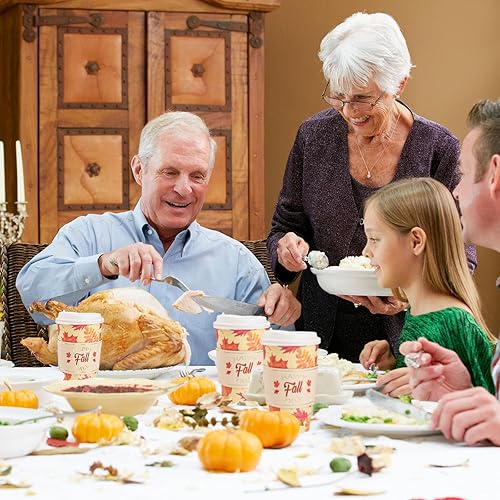 Miniatura 6 de Paquete de 48 tazas de café desechables de otoño de 16 onzas con tapas y fundas de hojas de arce para llevar, tazas de café de papel para cosecha,