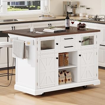 54.8" Kitchen Island with Drop Leaf, Power Outlet, Kitchen Storage Cart with 4 Door Shelves, Cross Barn Doors & Visual Glass Door, Rolling Kitchen Island on 4 Wheels for Kitchen, Dining Room White