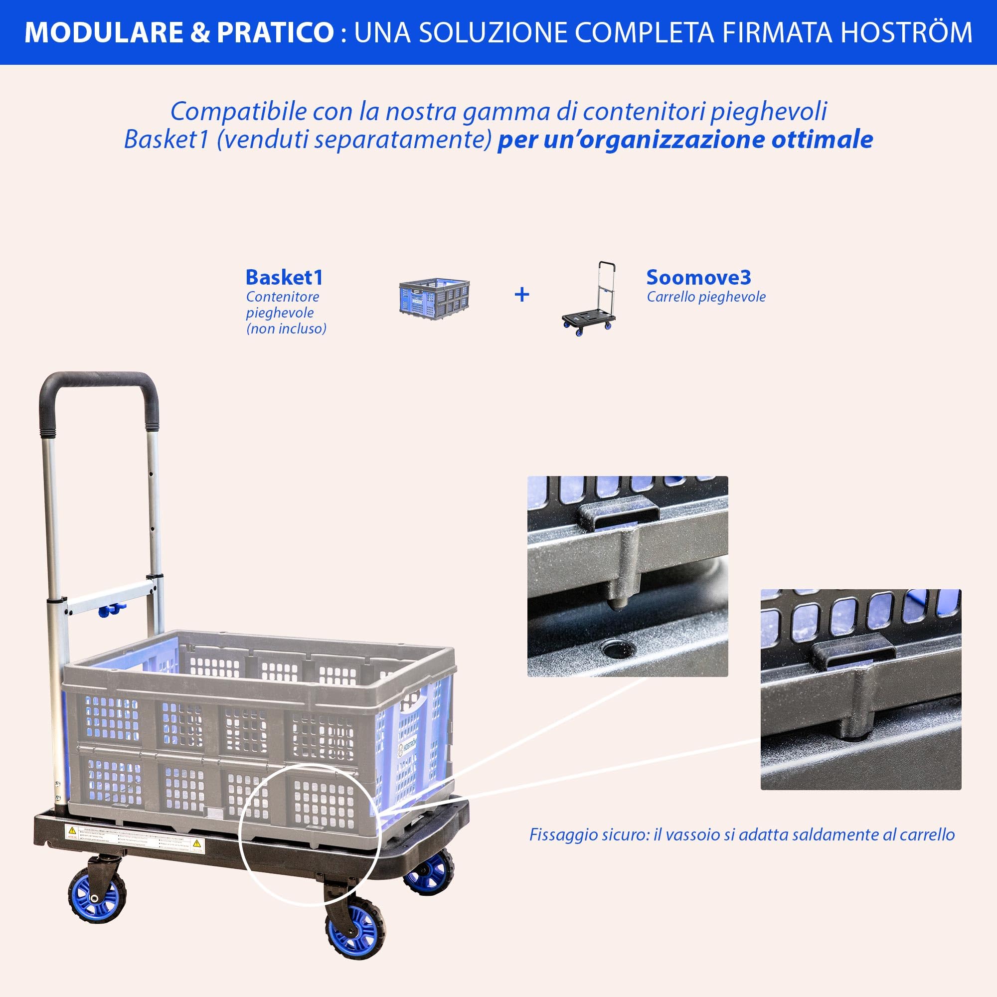 HOSTRÖM Carrello pieghevole a rotelle, trasporto materiali e traslochi, manico telescopico, portata max 137 kg, 5 anni garanzia.