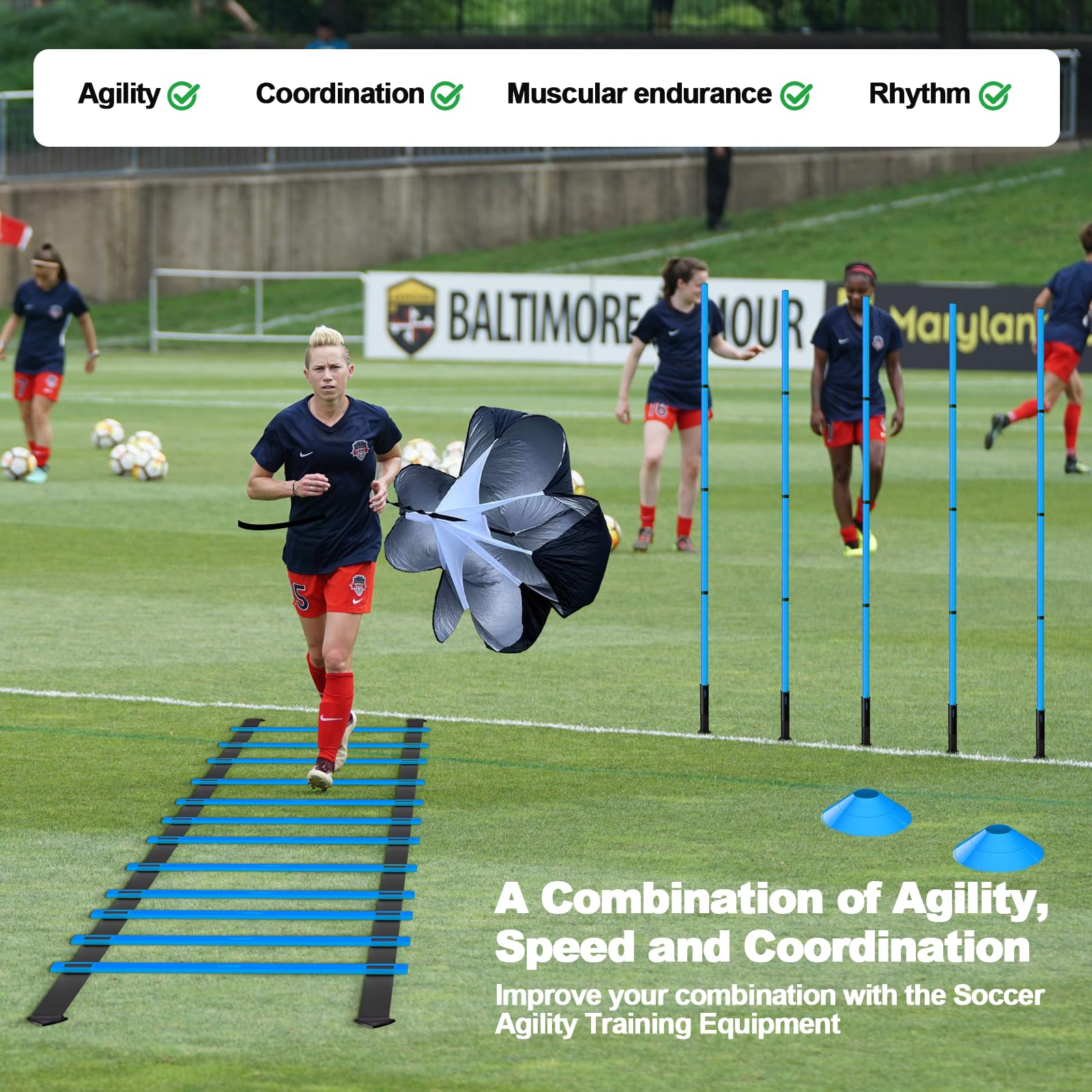 Juego de 24 piezas de equipo de entrenamiento de agilidad de fútbol, bastones de agilidad, escalera más para un montaje rápido y fácil portabilidad, adecuado para todos los niveles de