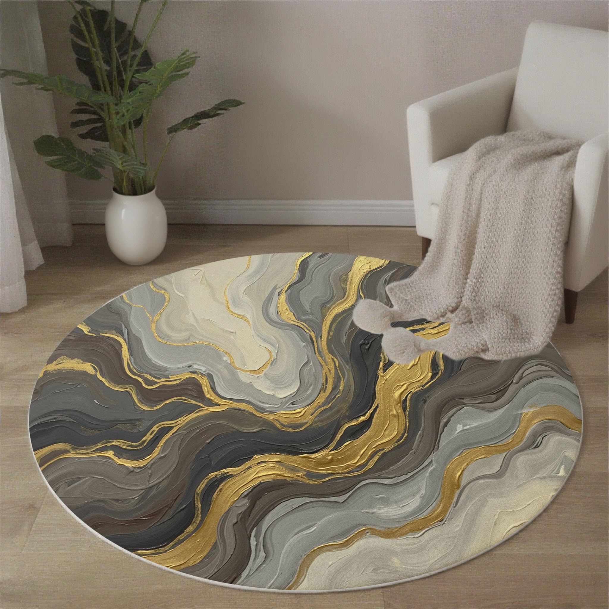 Tapis rond 60 cm effet marbre fusain antidérapant et lavable
