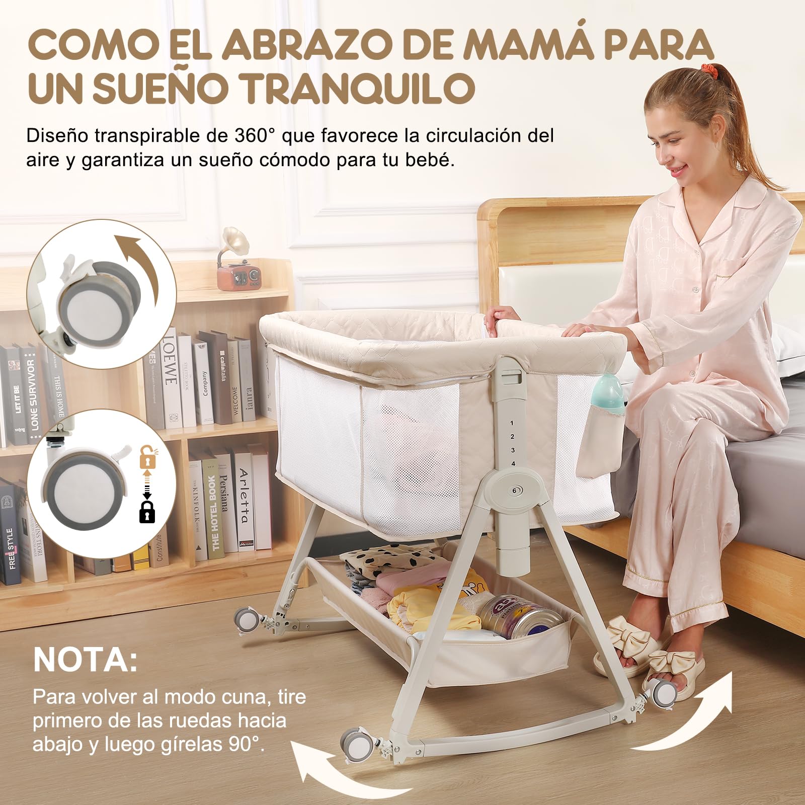 Cuna Colecho 4 en 1 para Bebé, 6 Alturas Ajustables, Moisés con Ruedas, Cuna Portátil con Malla Transpirable, para Recién Nacidos 0–12 Meses, Beige