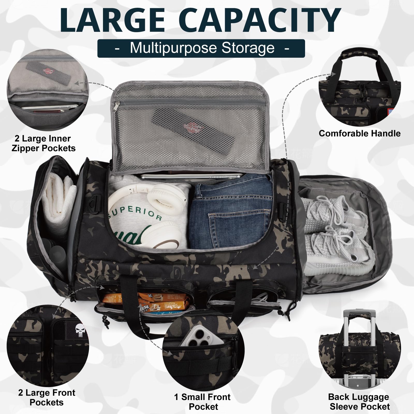 Taktische Sporttasche 50L 3-in-1 Reisetasche mit Schuhfach Wasserabweisender Reiserucksack Weekender Übernachtungstasche