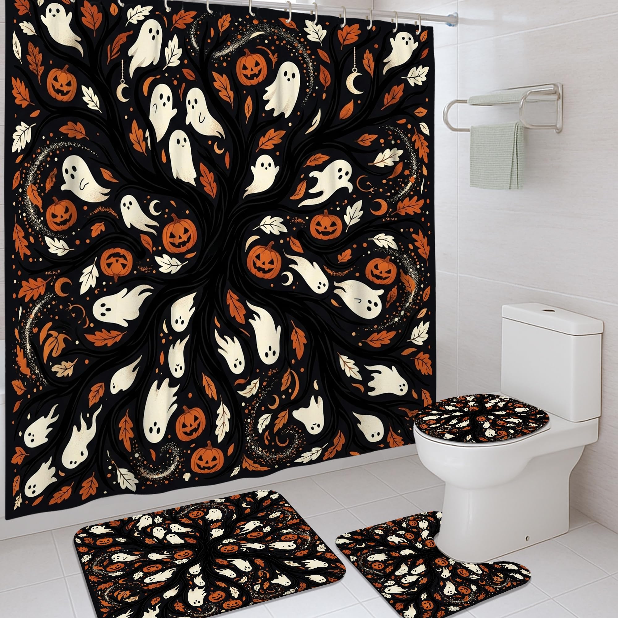 Rideau de douche spirales Halloween avec tapis en toile lavable premium 183