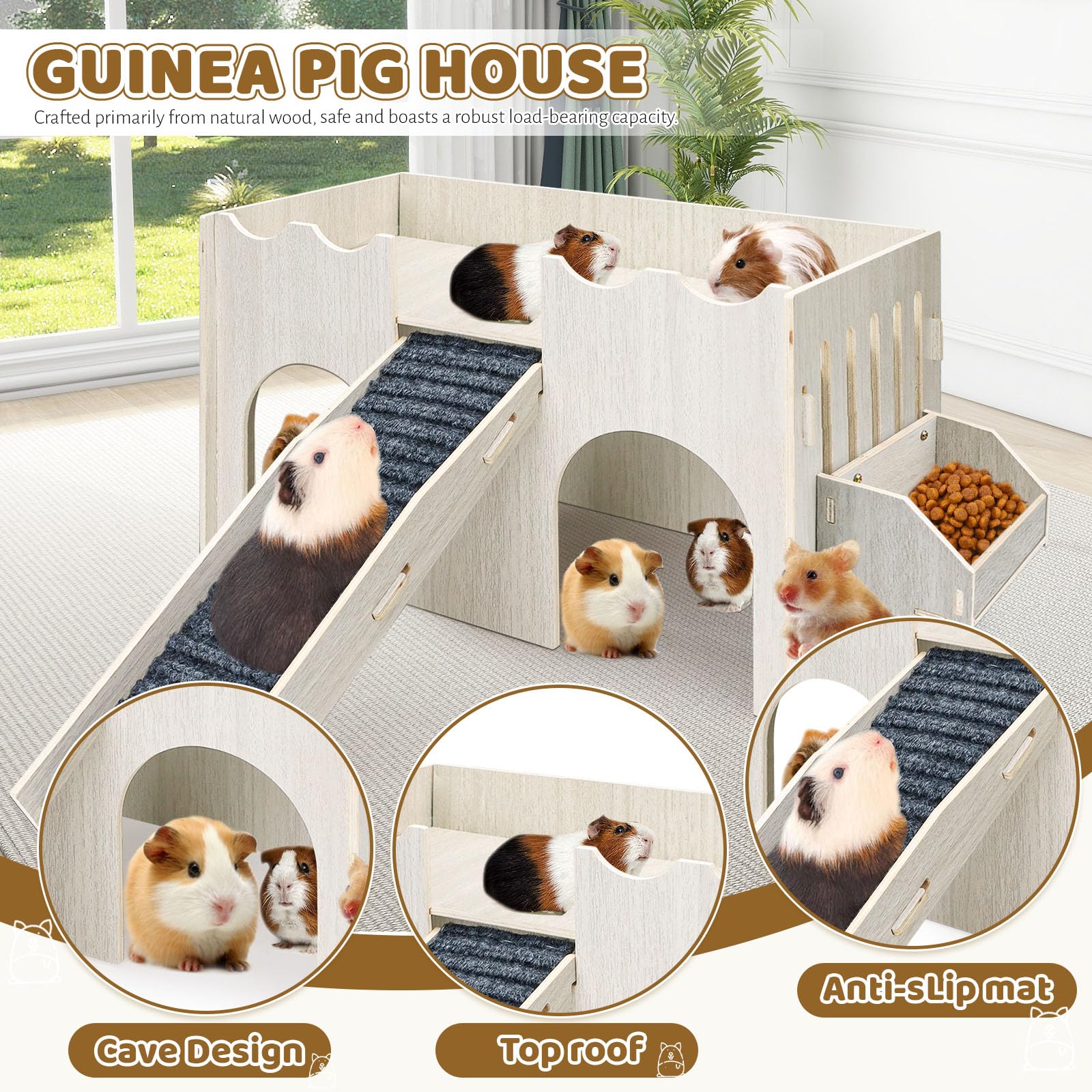 Large Guinea Pig Hideout House, Wooden Guinea Pig Castle with Feeding Basin - Image 3