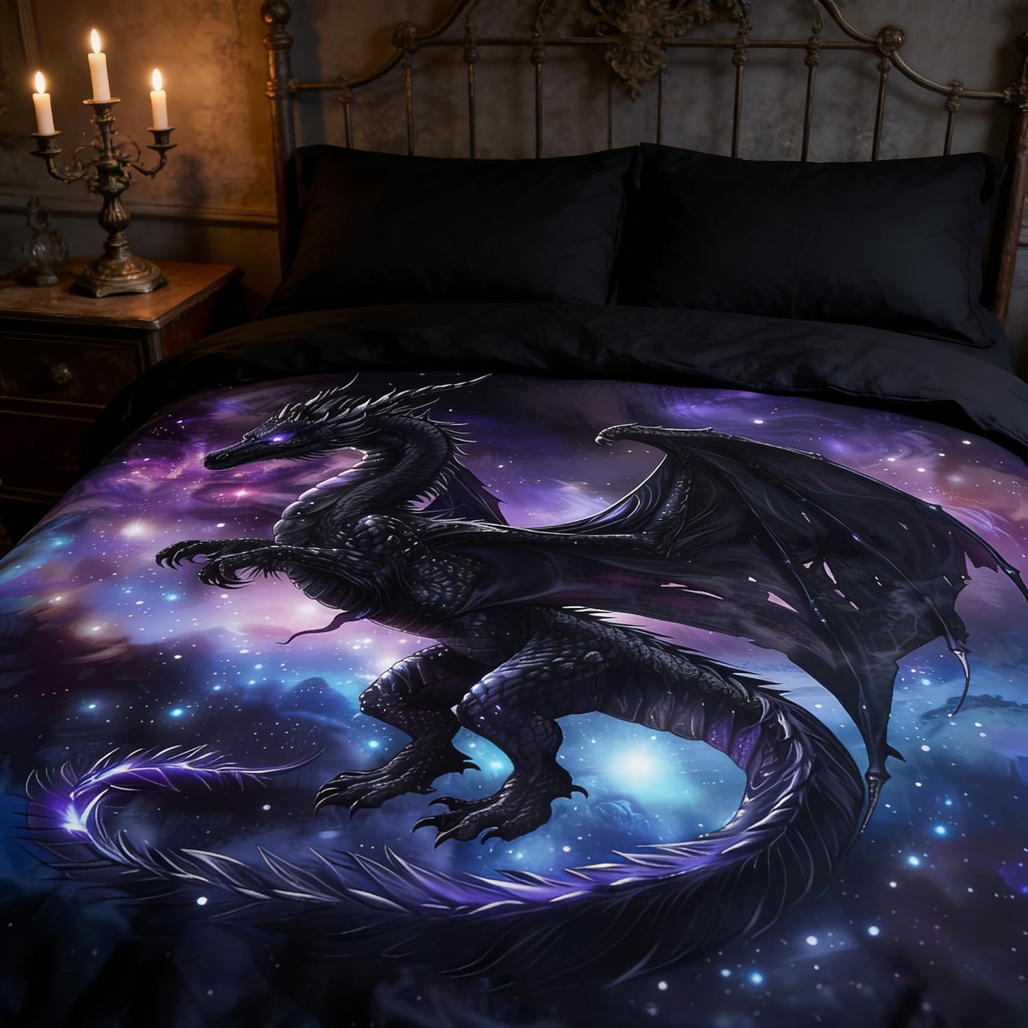 Kids Dragon Bedding Set for Boys, Purple Blue Outer Space Comforter Set Twin Size, Fairy Tale Style Quilted Bed Set for Children Teens Room Decor/68 * 86