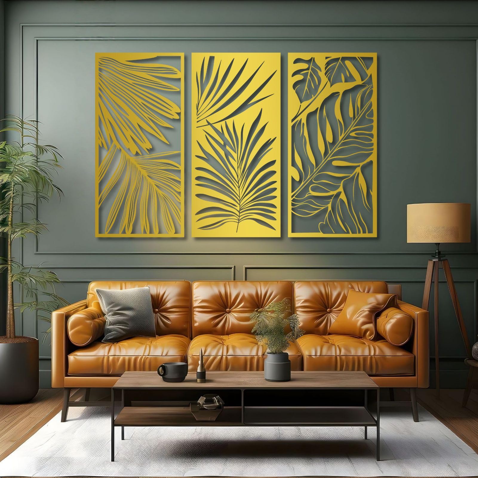 Décoration Murale en métal, Motif Feuilles Tropicales, décor botanique Tropical, Feuilles de Palmier pour Salon (doré, 150 x 72 cm x 3 pièces)