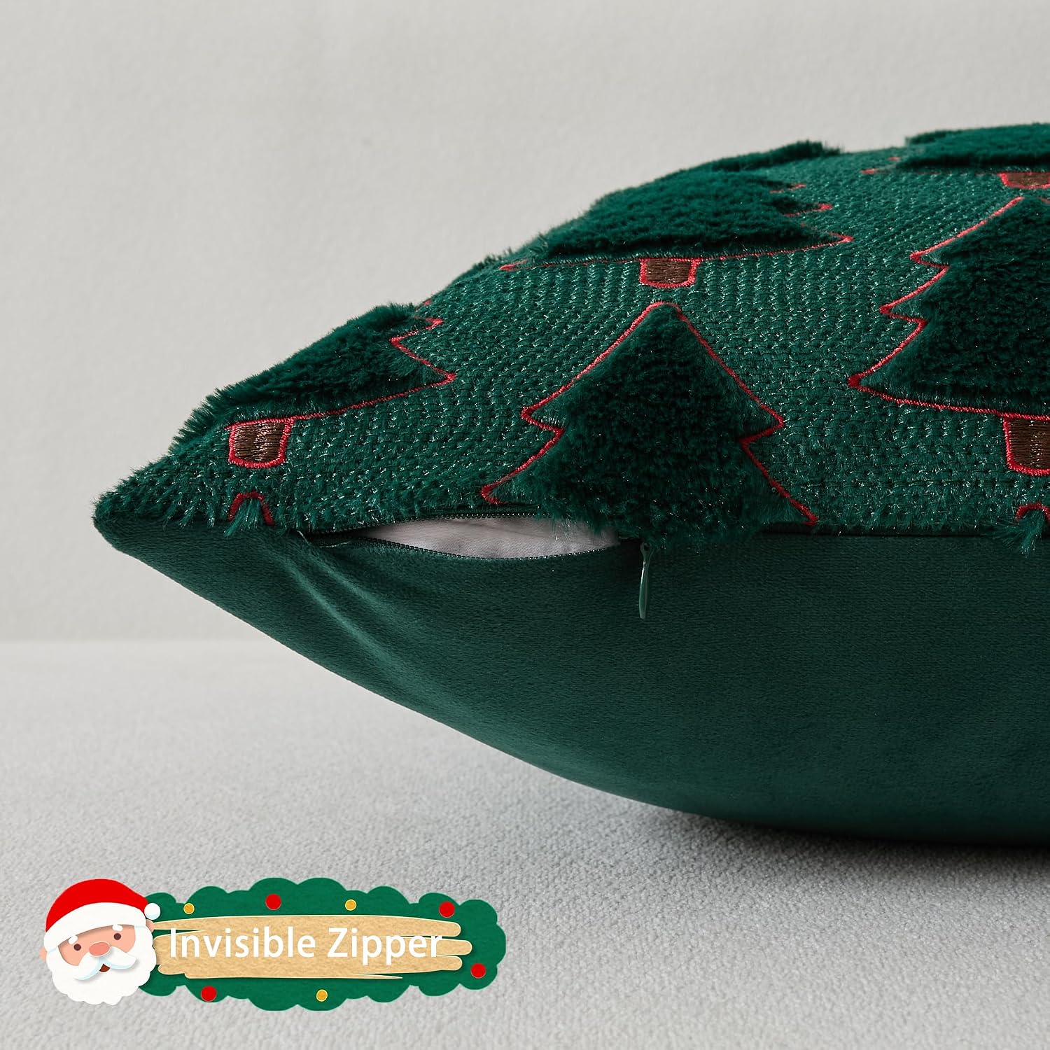 UGASA Christmas Tree Pillow Covers 18x18 Inch Set of 2 Soft Plush Faux Fur Luxury Embroidery Decoration Pillowcases for Couch Sofa Holiday Festivals Winter Xmas Gift, Dark Green & Red image 2